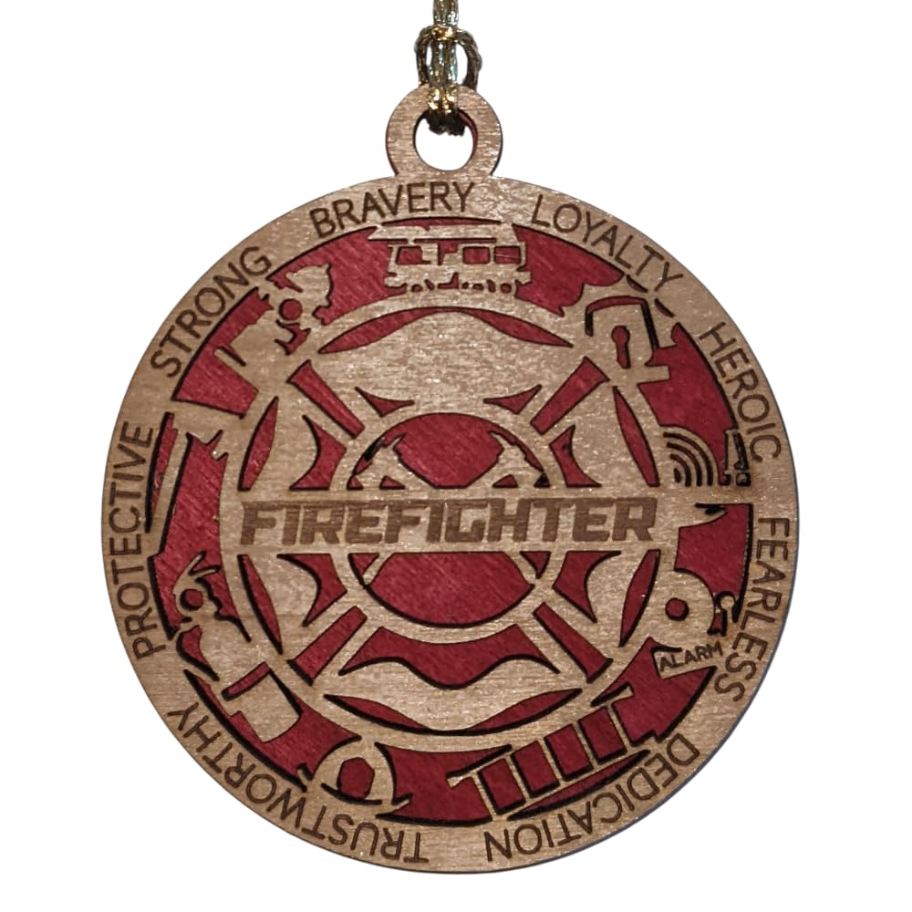 3" Firefighter Wood Christmas Ornament - Solid Backing, USA