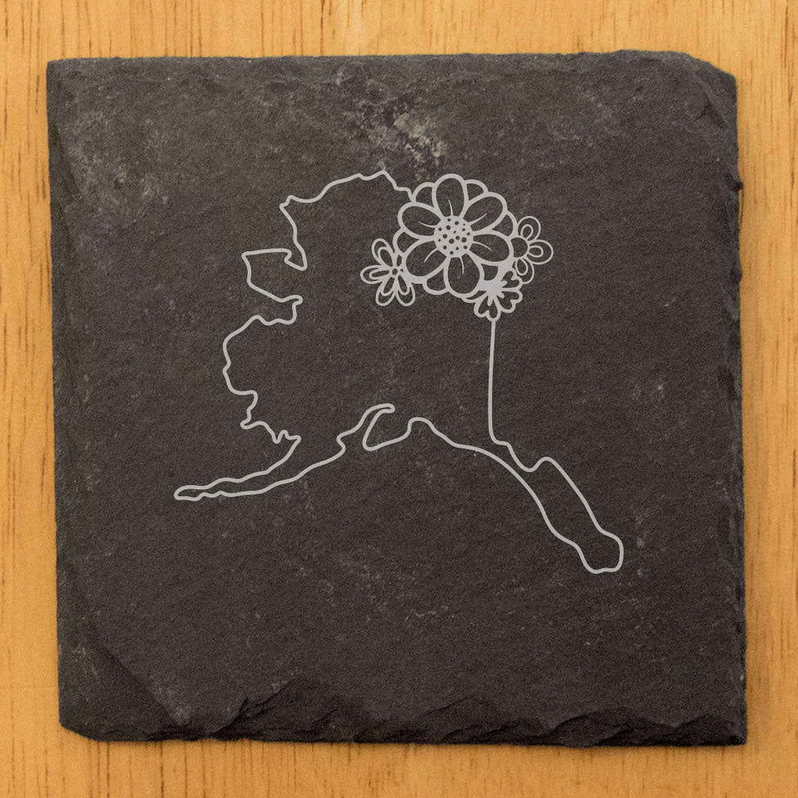 Rustic Slate Coasters Set of 4 - Alaska Design with Flower, 4" Round/Square, Natural Chipped Edge, Rubber Feet, - Perfect for Holidays, Birthdays, Housewarming - Made in Oregon