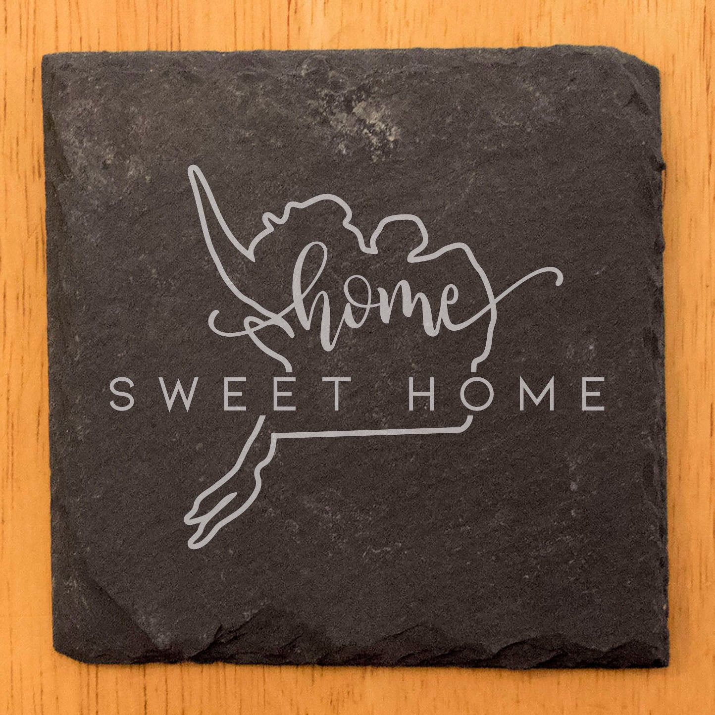Rustic Slate Coasters Set of 4, Round 4" with 'Home Sweet Home' Alaska Design, Perfect for Holidays, Birthdays, Housewarming Gifts, Made in Oregon, USA, Natural Chipped Edge, Rubber Feet