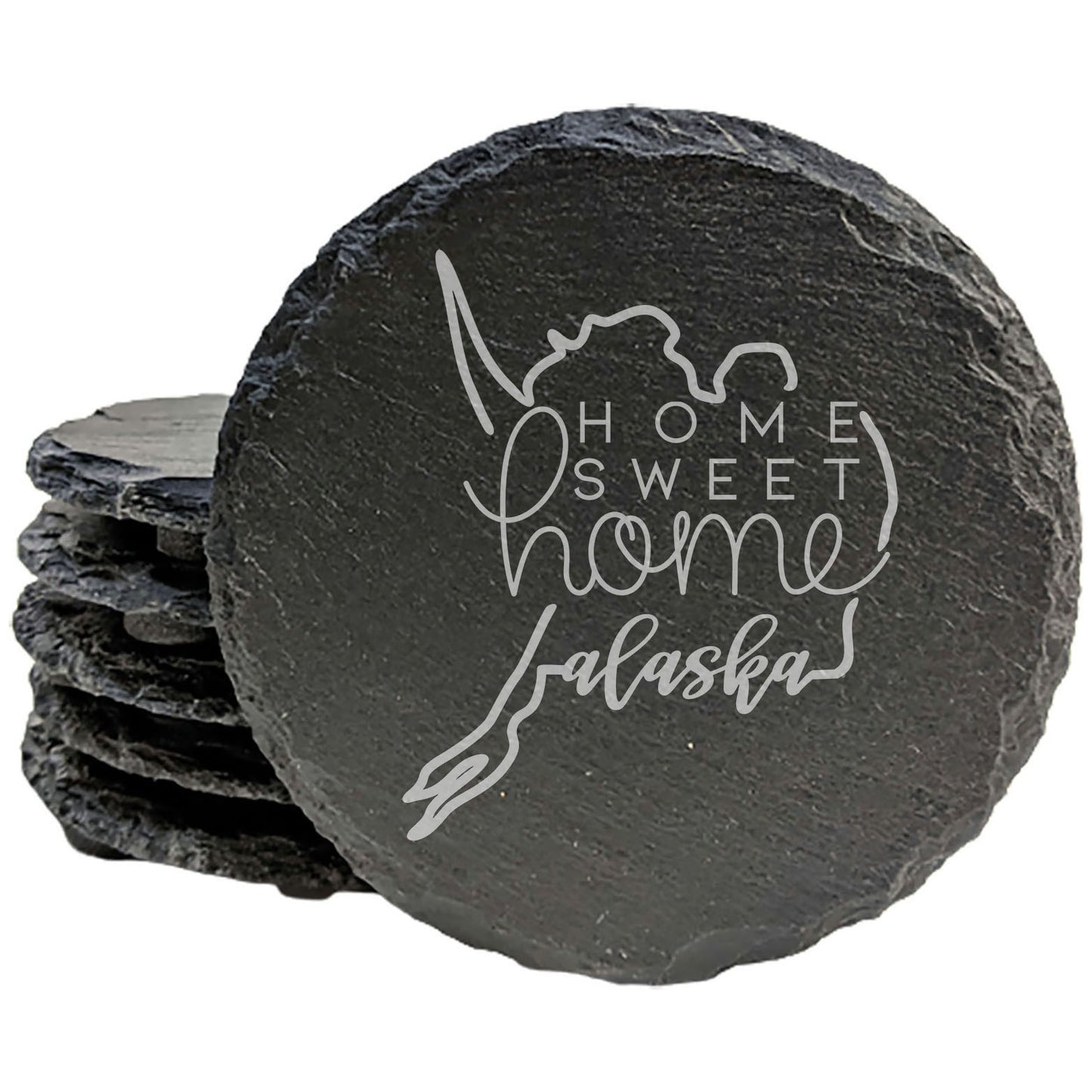 Rustic Slate Coasters Set of 4 - Round 4" with Alaska Design, 'Home Sweet Home' - Perfect Gift for Holidays, Birthdays, Housewarming - Made in Oregon, USA - Natural Chipped Edge, Rubber Feet
