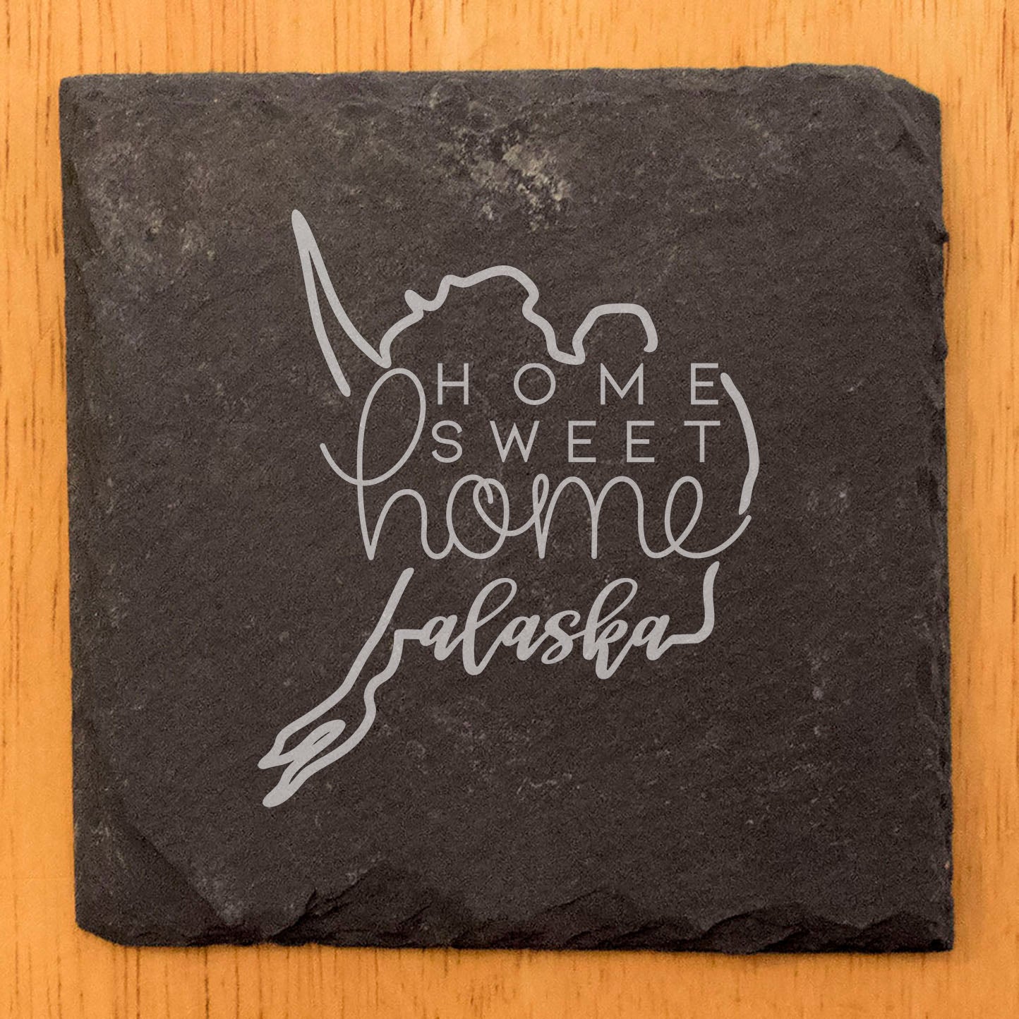 Rustic Slate Coasters Set of 4 - Round 4" with Alaska Design, 'Home Sweet Home' - Perfect Gift for Holidays, Birthdays, Housewarming - Made in Oregon, USA - Natural Chipped Edge, Rubber Feet