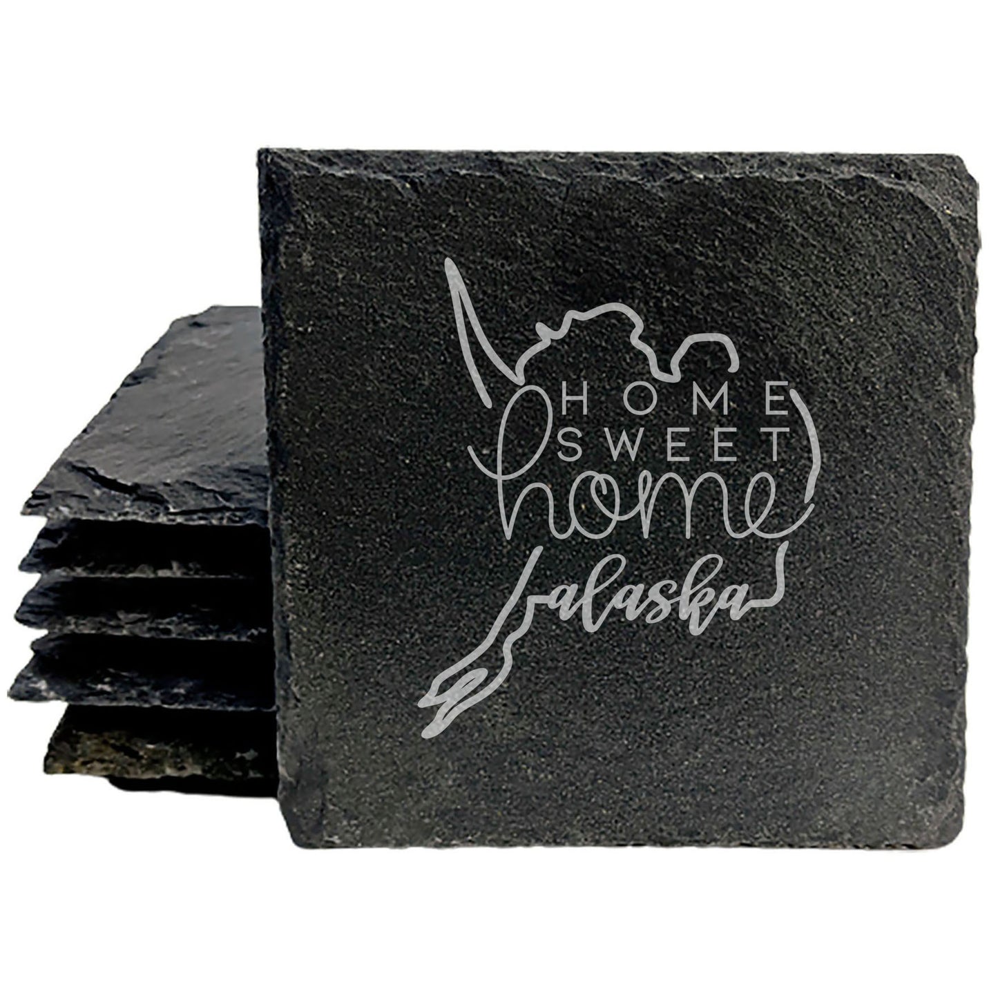 Rustic Slate Coasters Set of 4 - Round 4" with Alaska Design, 'Home Sweet Home' - Perfect Gift for Holidays, Birthdays, Housewarming - Made in Oregon, USA - Natural Chipped Edge, Rubber Feet