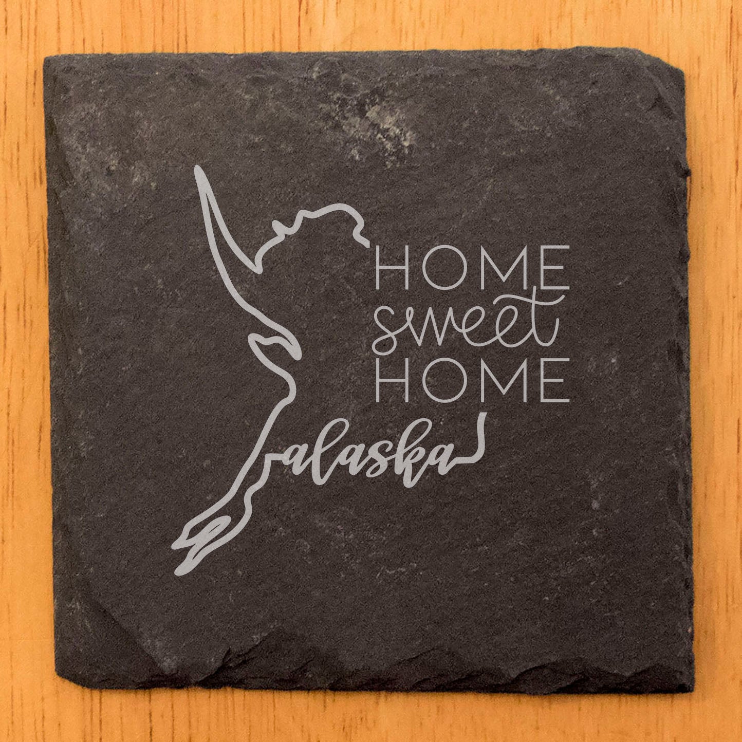 Rustic Slate Coasters Set of 4 - Round 4" with Alaska Design, 'Home Sweet Home' - Perfect Gift for Holidays, Birthdays, Housewarming - Made in Oregon, USA - Natural Chipped Edge, Rubber Feet