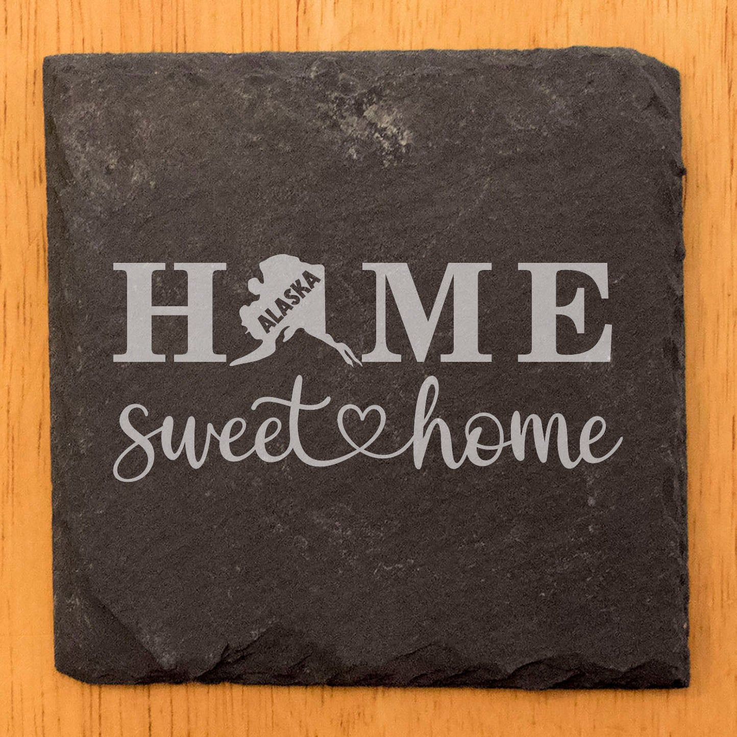Rustic Slate Coasters Set of 4, Round 4" with 'HOME SWEET HOME' Alaska Design, Perfect for Holidays, Birthdays, Housewarming Gifts, She-Shed or Man Cave, Made in Oregon, USA, Natural Chipped Edge