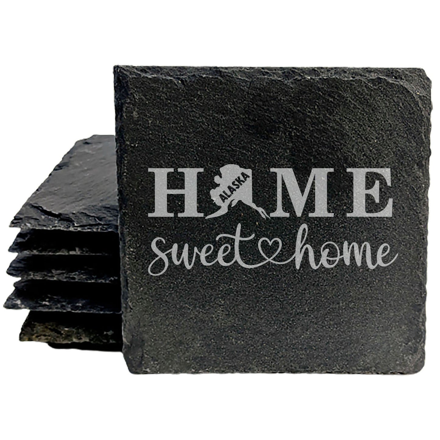 Rustic Slate Coasters Set of 4, Round 4" with 'HOME SWEET HOME' Alaska Design, Perfect for Holidays, Birthdays, Housewarming Gifts, She-Shed or Man Cave, Made in Oregon, USA, Natural Chipped Edge
