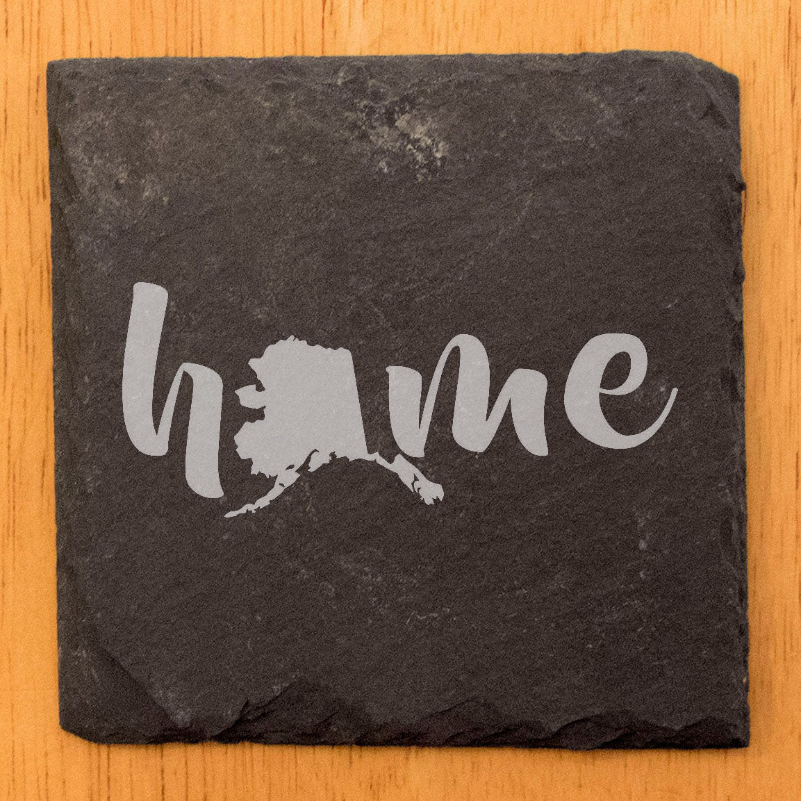 Rustic Slate Coasters Set of 4 - Laser Etched 'Home' Design with Alaska State - Perfect Gift for Holidays, Birthdays, Housewarming - 4" Round/Square - Made in Oregon, USA - Natural Chipped Edge
