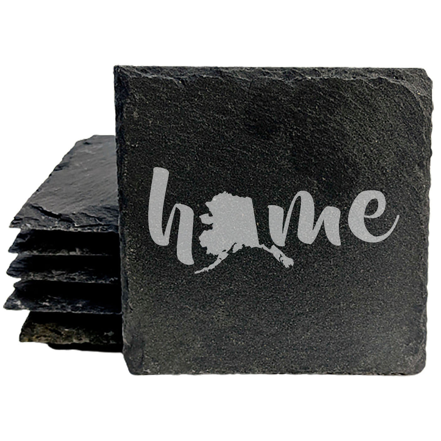 Rustic Slate Coasters Set of 4 - Laser Etched 'Home' Design with Alaska State - Perfect Gift for Holidays, Birthdays, Housewarming - 4" Round/Square - Made in Oregon, USA - Natural Chipped Edge
