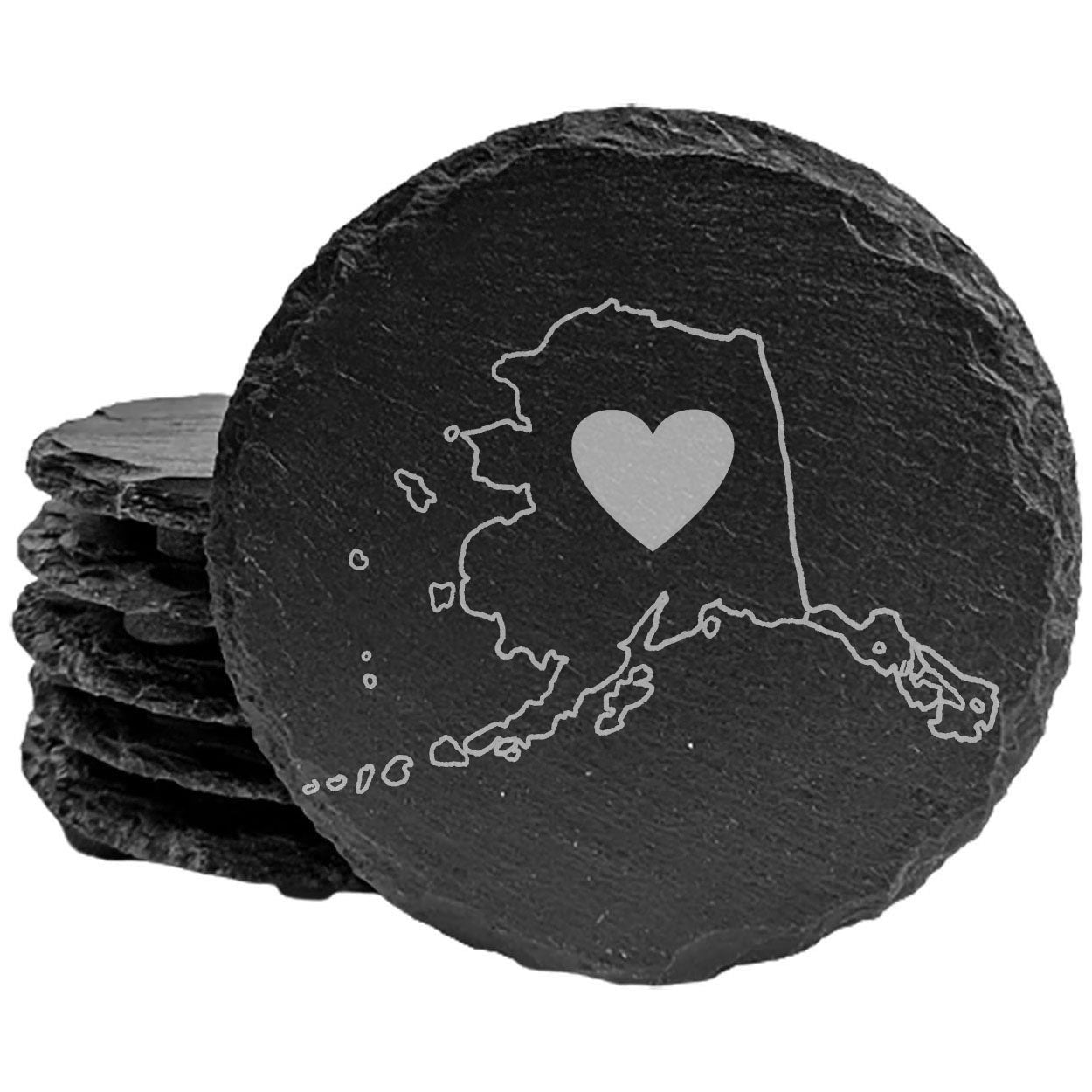 Rustic Slate Coasters Set of 4 - Round 4" with Alaska Heart Design, Laser Etched, Natural Chipped Edge, Rubber Feet, - Perfect for Holidays, Birthdays, Housewarming - Made in USA