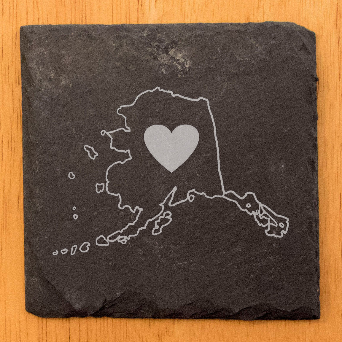 Rustic Slate Coasters Set of 4 - Round 4" with Alaska Heart Design, Laser Etched, Natural Chipped Edge, Rubber Feet, - Perfect for Holidays, Birthdays, Housewarming - Made in USA