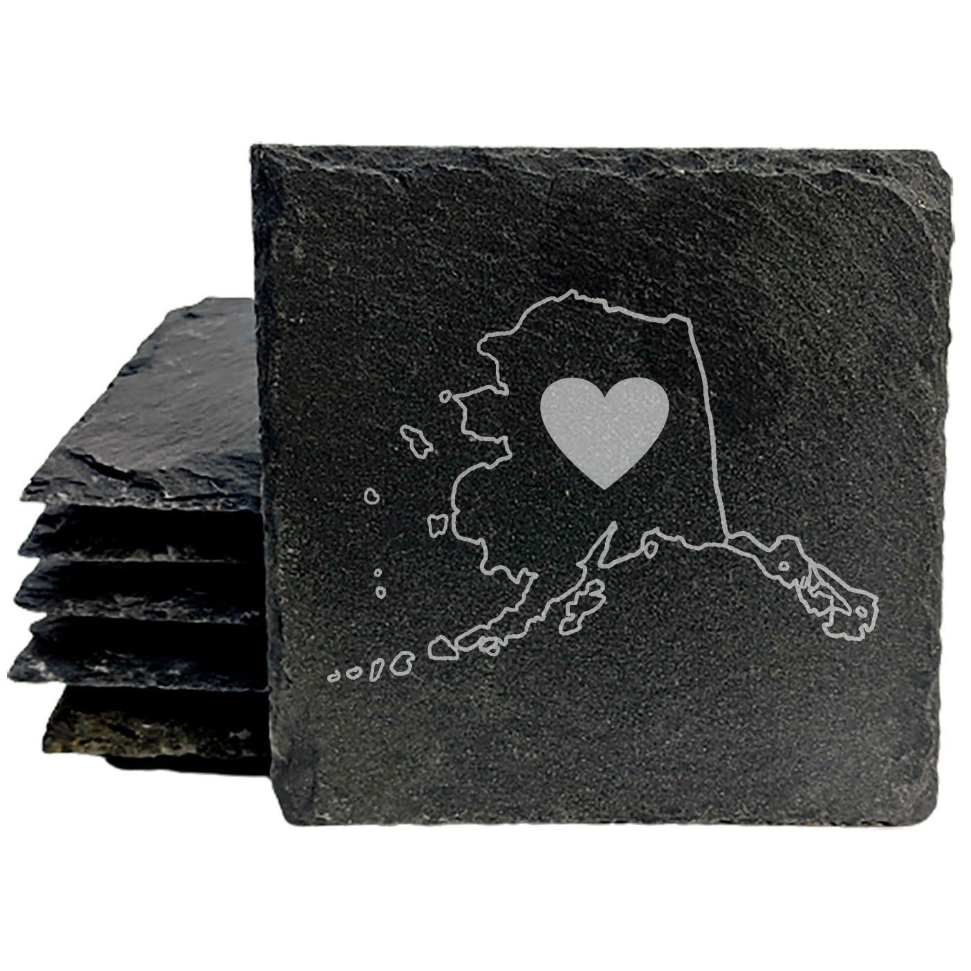 Rustic Slate Coasters Set of 4 - Round 4" with Alaska Heart Design, Laser Etched, Natural Chipped Edge, Rubber Feet, - Perfect for Holidays, Birthdays, Housewarming - Made in USA