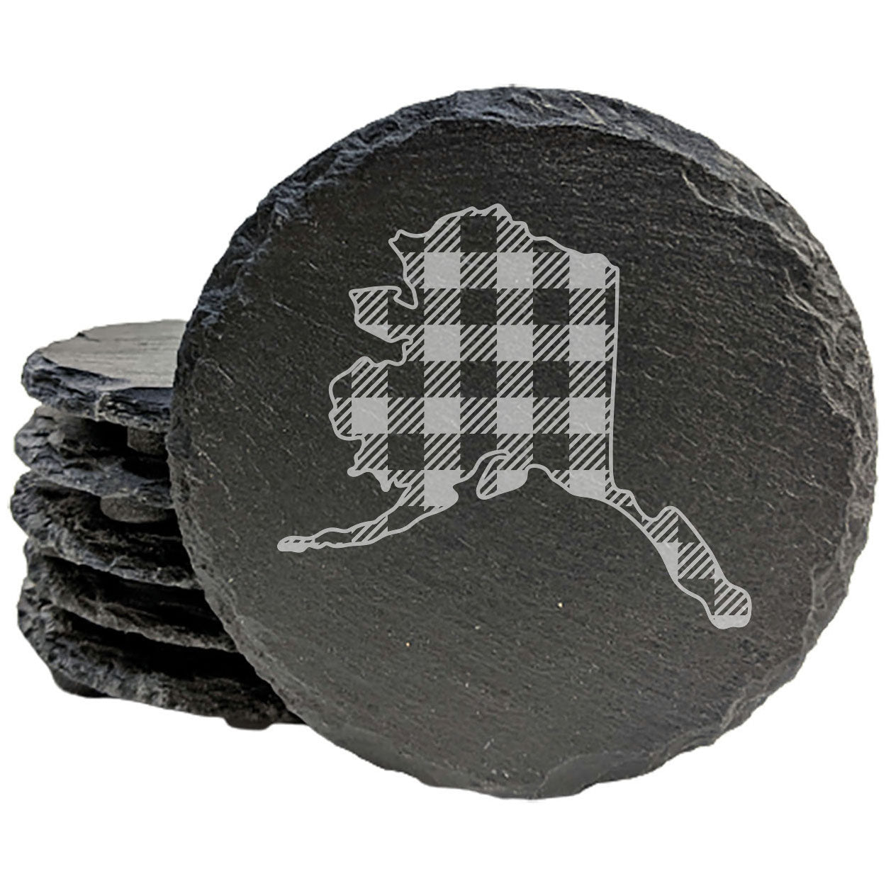 Rustic Slate Coasters Set of 4, Round 4" with Alaska Plaid Design, Perfect for Holidays, Birthdays, Housewarming Gifts, She-Shed or Man Cave Decor, Made in Oregon, USA, Natural Chipped Edge