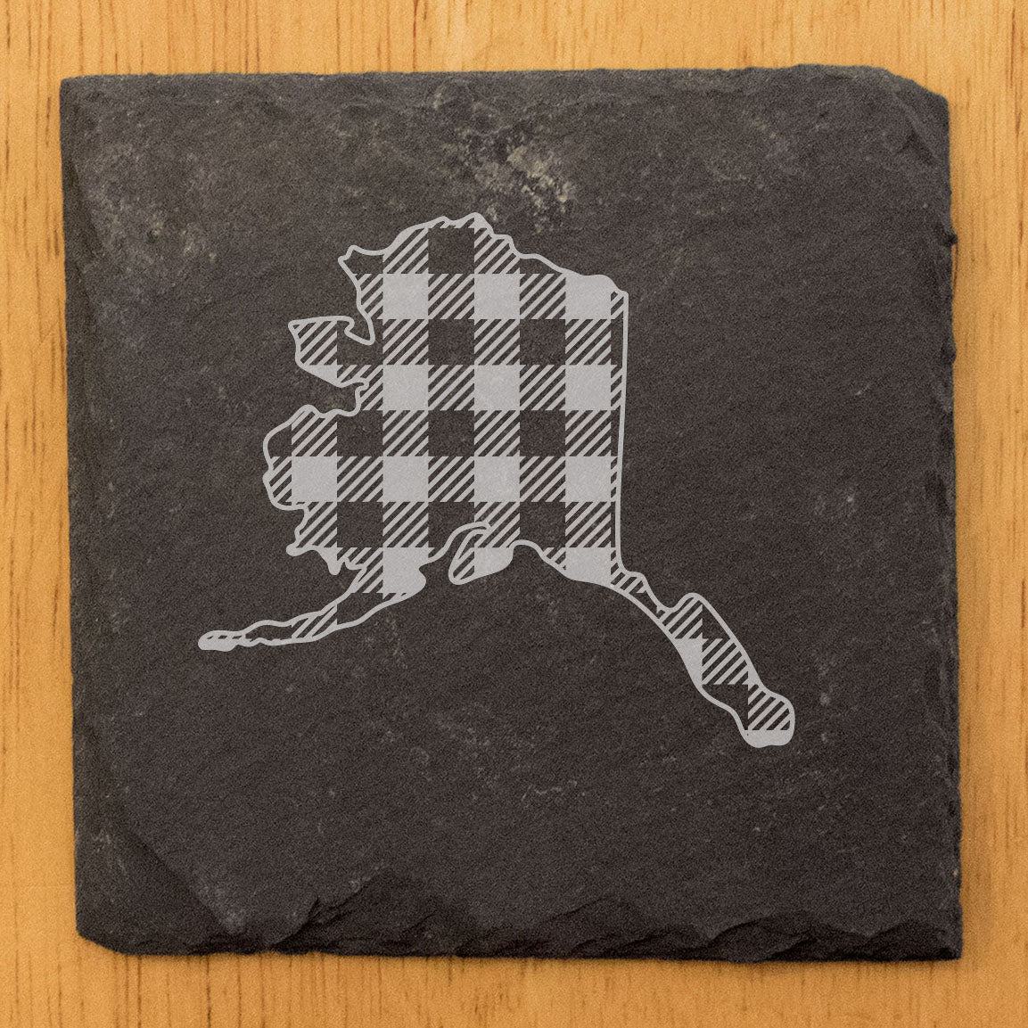 Rustic Slate Coasters Set of 4, Round 4" with Alaska Plaid Design, Perfect for Holidays, Birthdays, Housewarming Gifts, She-Shed or Man Cave Decor, Made in Oregon, USA, Natural Chipped Edge
