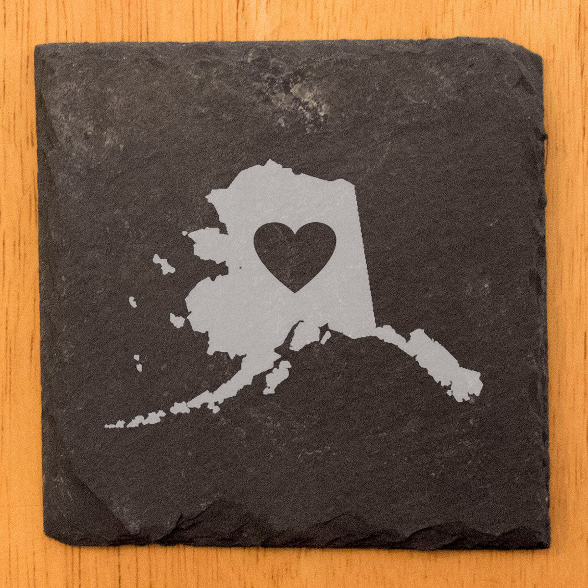 Rustic Slate Coasters Set of 4, Round 4" with Alaska Heart Design, Laser Etched, Perfect for Holidays, Birthdays, Housewarming Gifts, Made in Oregon, USA, Natural Chipped Edge, Rubber Feet