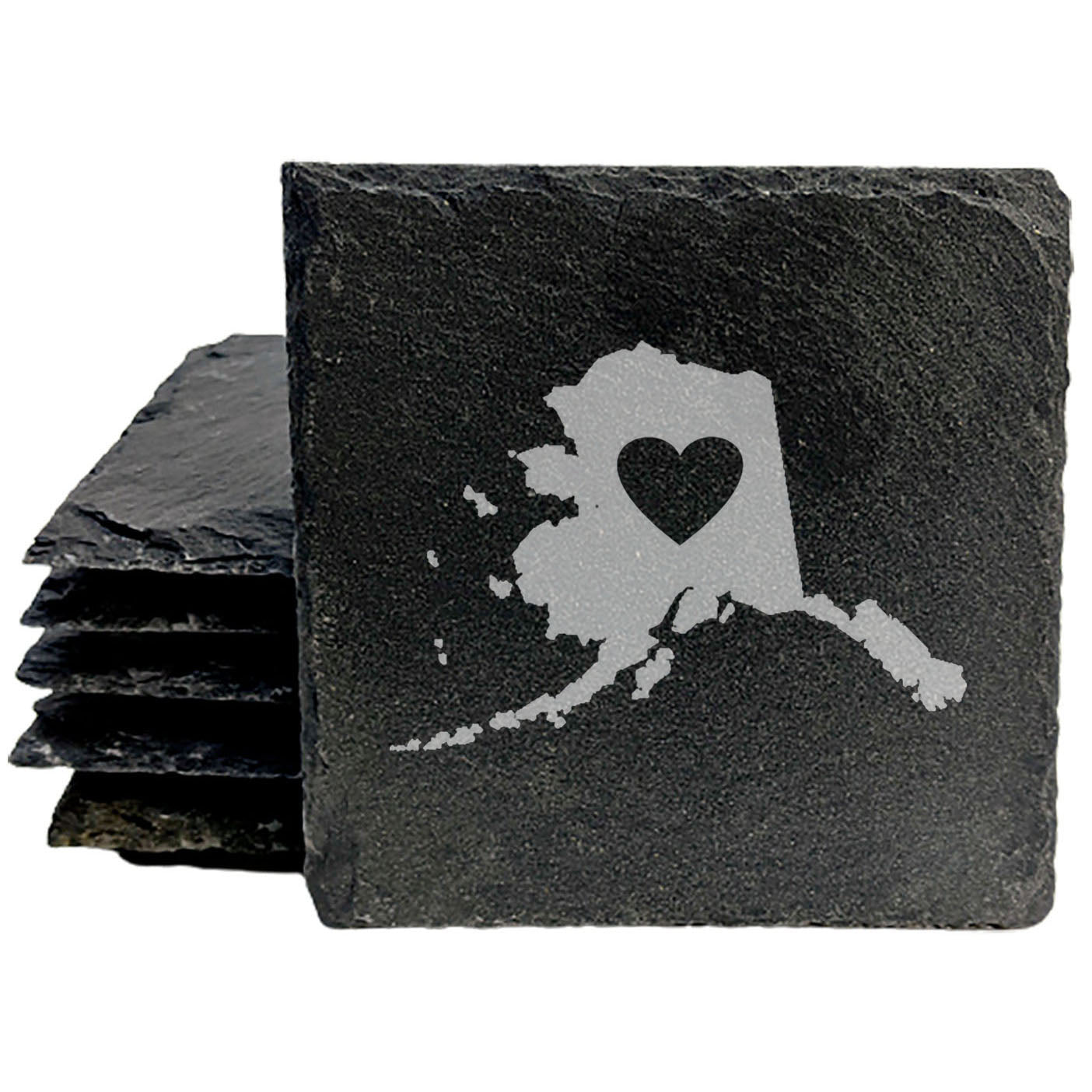 Rustic Slate Coasters Set of 4, Round 4" with Alaska Heart Design, Laser Etched, Perfect for Holidays, Birthdays, Housewarming Gifts, Made in Oregon, USA, Natural Chipped Edge, Rubber Feet