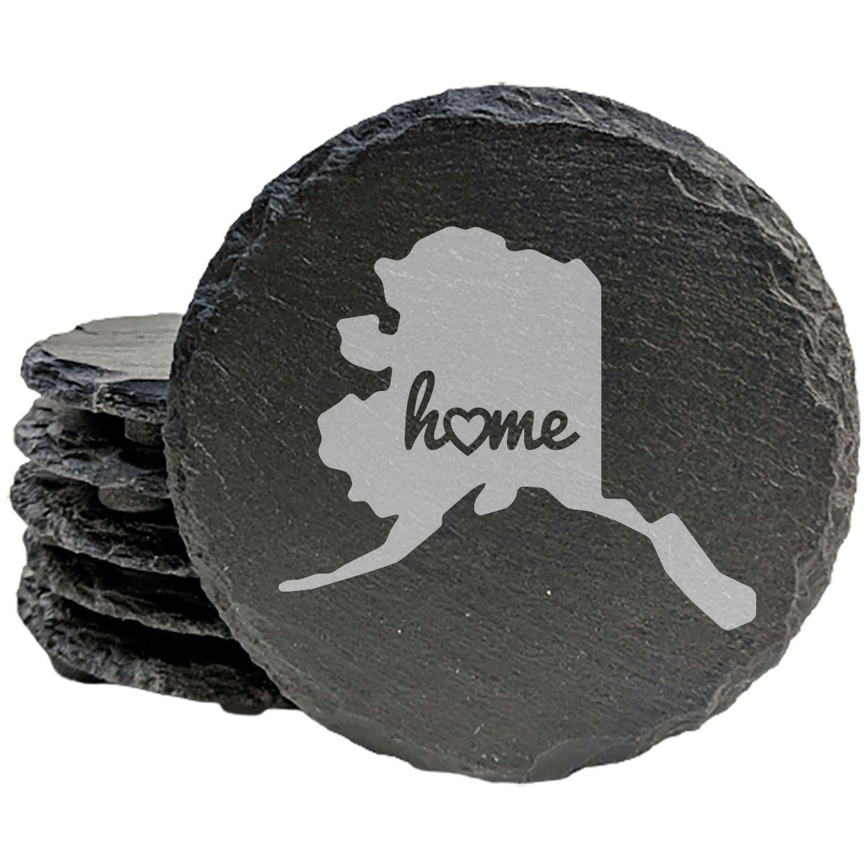 Rustic Slate Coasters Set of 4, Round 4" with Alaska 'Home' Heart Design, Perfect for Holidays, Birthdays, Housewarming Gifts, She-Shed or Man Cave, Made in Oregon, USA, Natural Chipped Edge