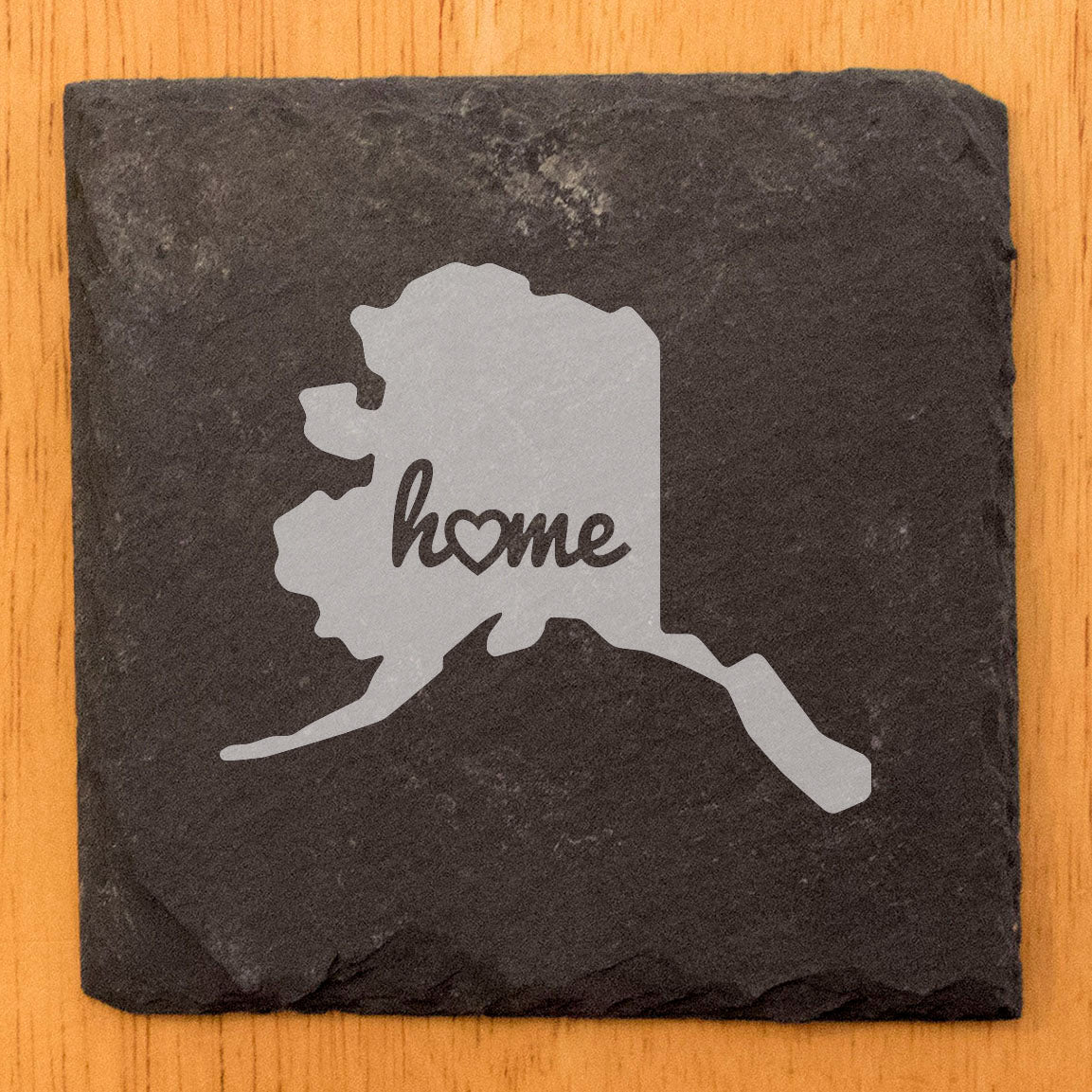 Rustic Slate Coasters Set of 4, Round 4" with Alaska 'Home' Heart Design, Perfect for Holidays, Birthdays, Housewarming Gifts, She-Shed or Man Cave, Made in Oregon, USA, Natural Chipped Edge