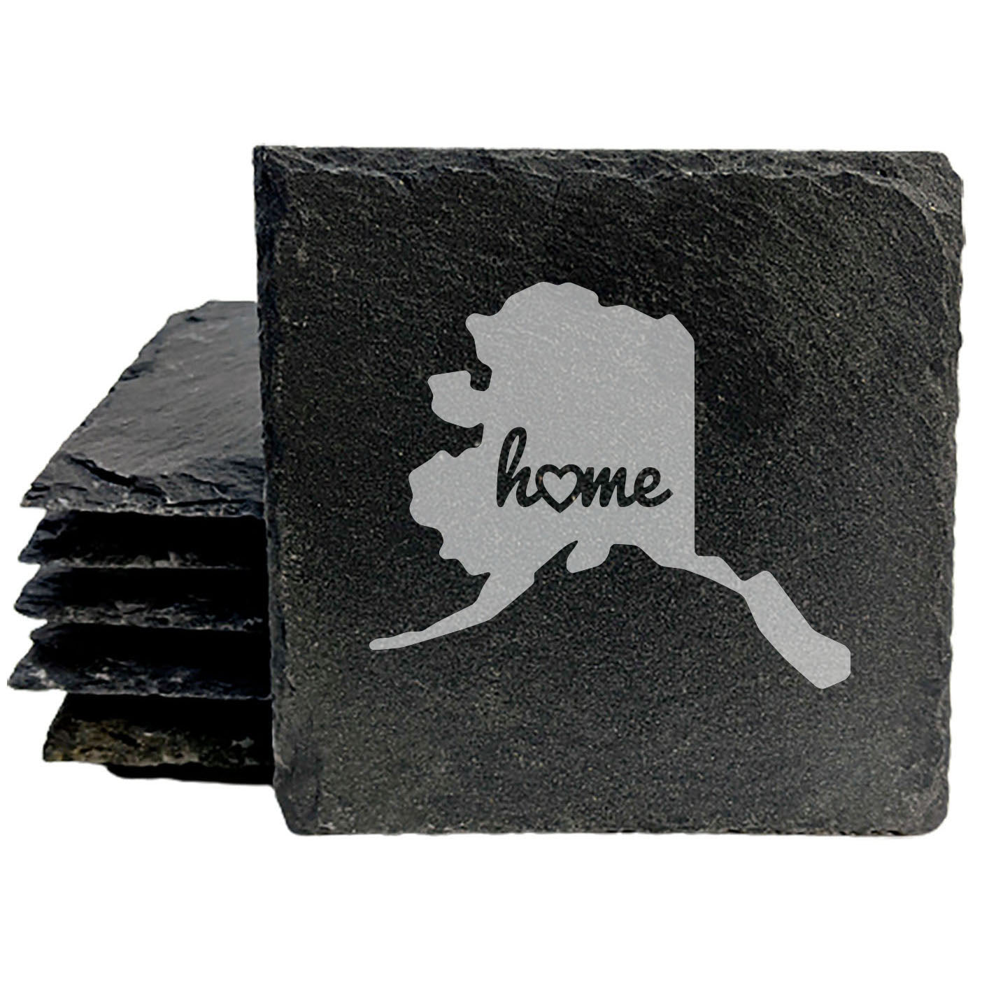 Rustic Slate Coasters Set of 4, Round 4" with Alaska 'Home' Heart Design, Perfect for Holidays, Birthdays, Housewarming Gifts, She-Shed or Man Cave, Made in Oregon, USA, Natural Chipped Edge