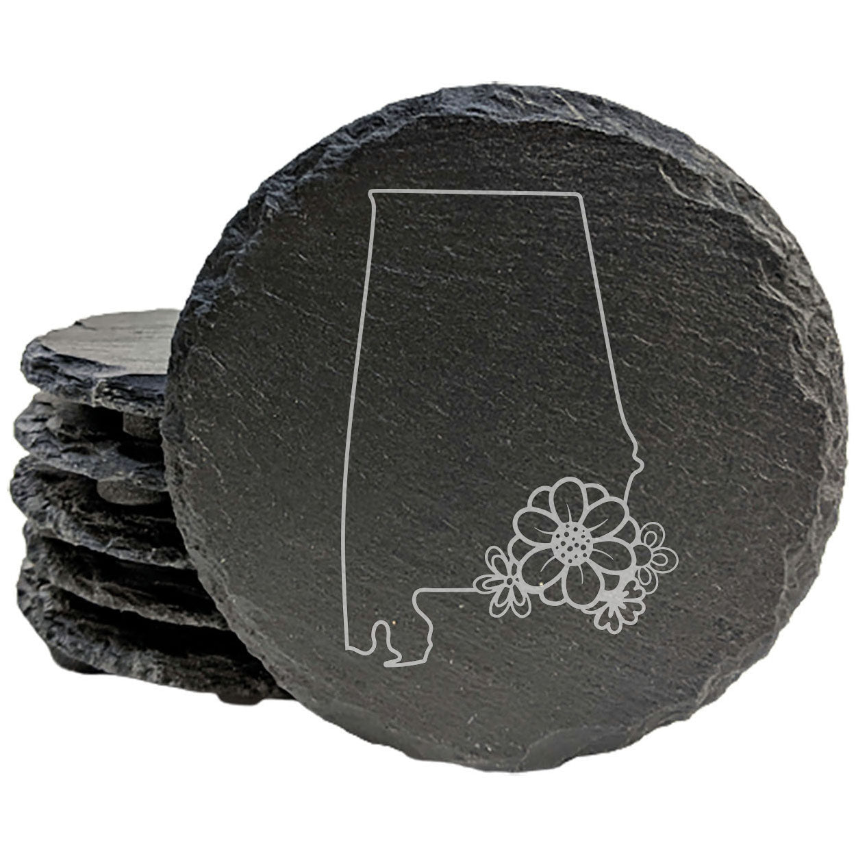 Rustic Slate Coasters Set of 4 - Alabama State Outline with Flower Design, 4" Round or Square, Natural Chipped Edge, Rubber Feet, , Perfect for She-Shed or Man Cave, Made in USA