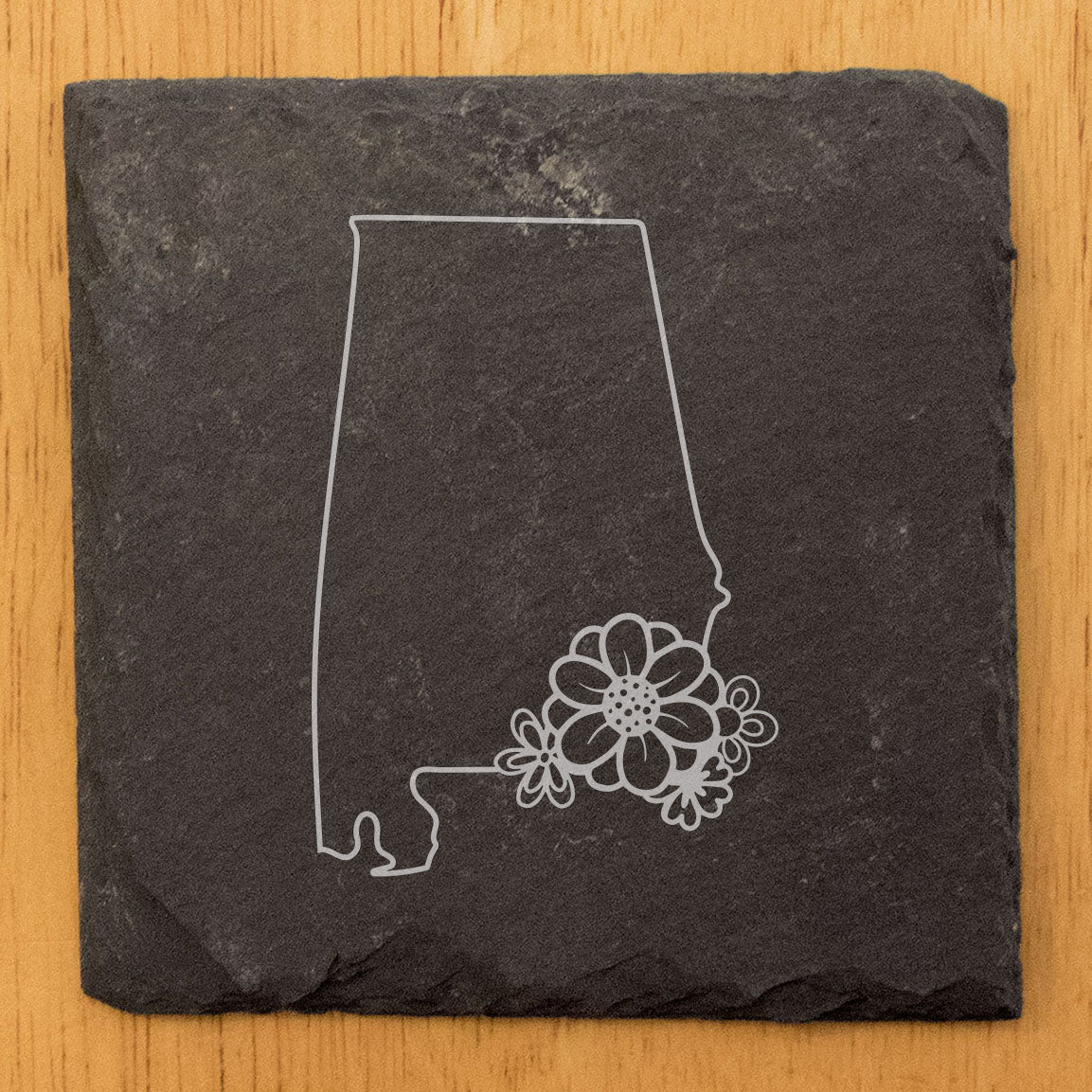 Rustic Slate Coasters Set of 4 - Alabama State Outline with Flower Design, 4" Round or Square, Natural Chipped Edge, Rubber Feet, , Perfect for She-Shed or Man Cave, Made in USA