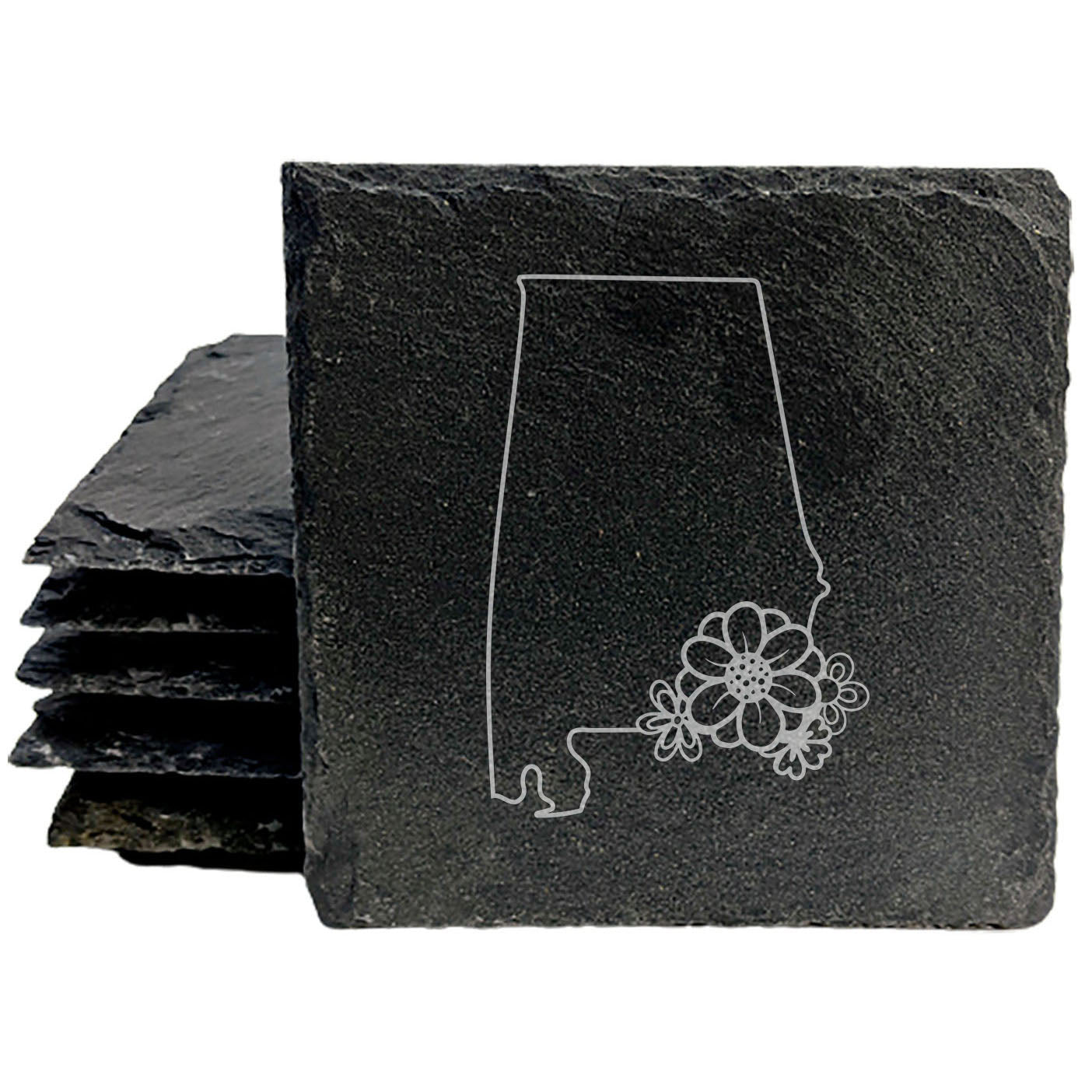 Rustic Slate Coasters Set of 4 - Alabama State Outline with Flower Design, 4" Round or Square, Natural Chipped Edge, Rubber Feet, , Perfect for She-Shed or Man Cave, Made in USA