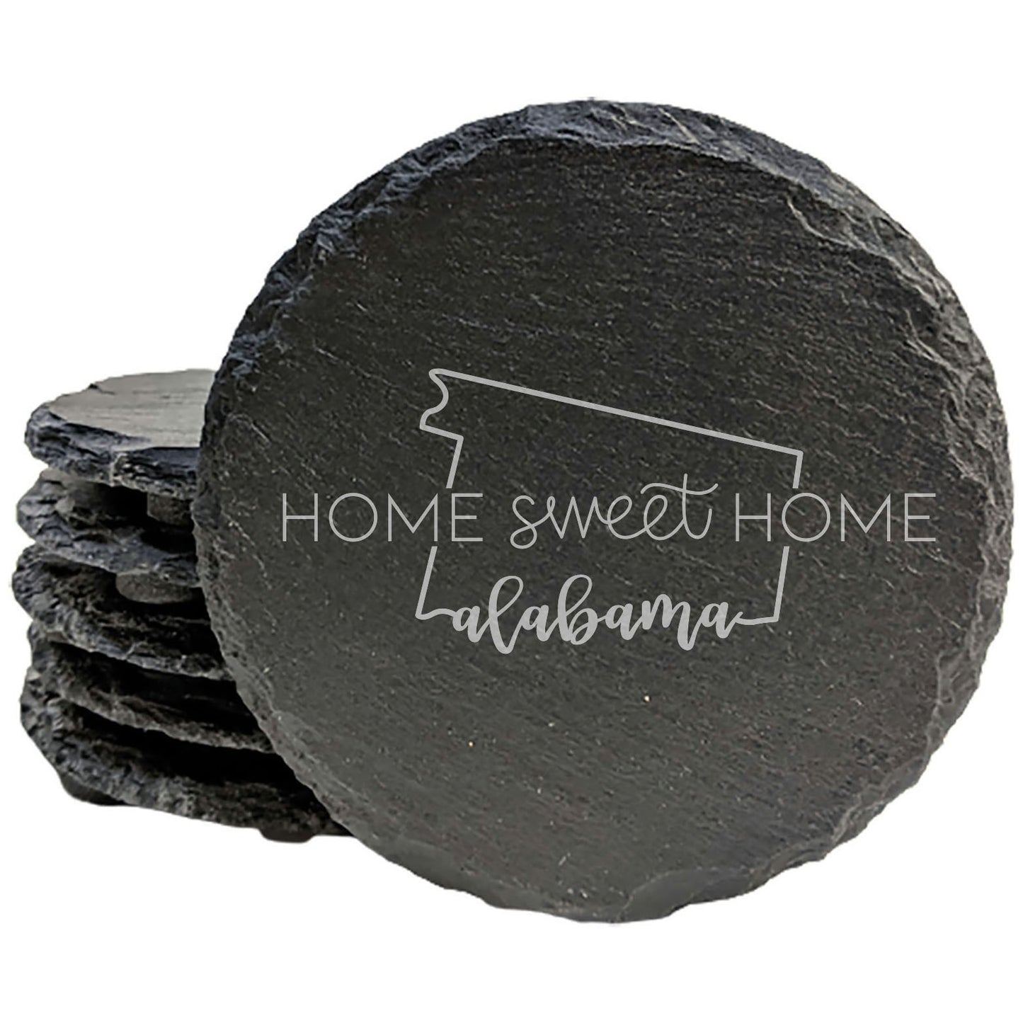 Rustic Slate Coasters Set of 4, Round 4" with 'Home Sweet Home' Alabama Design, Perfect for Holidays, Birthdays, Housewarming Gifts, Made in Oregon, USA, Natural Chipped Edge, Rubber Feet