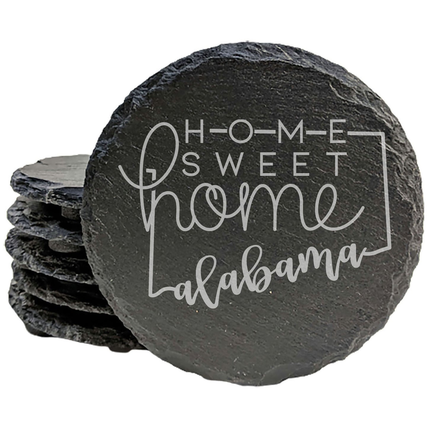 Rustic Slate Coasters Set of 4, Round 4" with Alabama 'Home Sweet Home' Design, Laser Etched, Perfect for Holidays, Birthdays, Housewarming Gifts, Made in Oregon, USA, Natural Chipped Edge