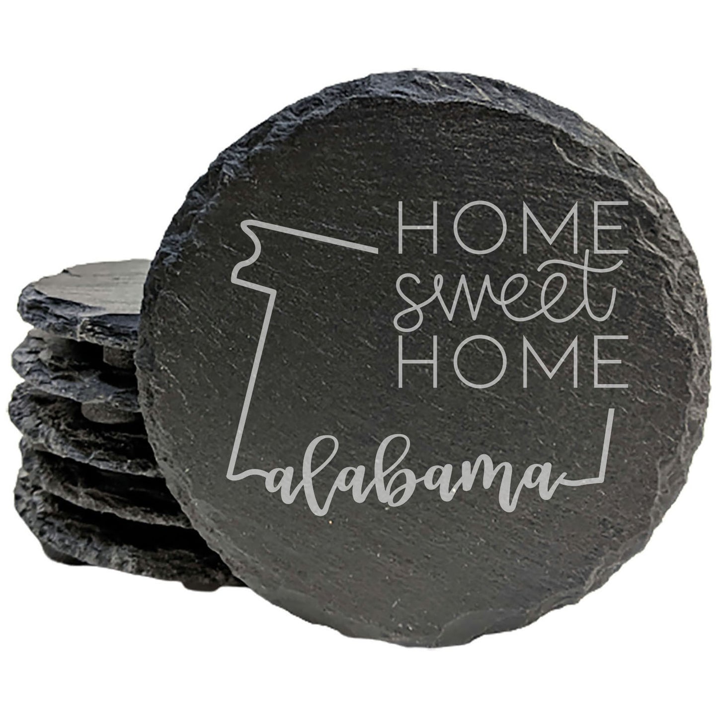 Rustic Slate Coasters Set of 4, Round 4" with Alabama 'Home Sweet Home' Design, Perfect Gift for Holidays, Birthdays, Housewarming, She-Shed, Man Cave, Made in Oregon, USA, Natural Chipped Edge