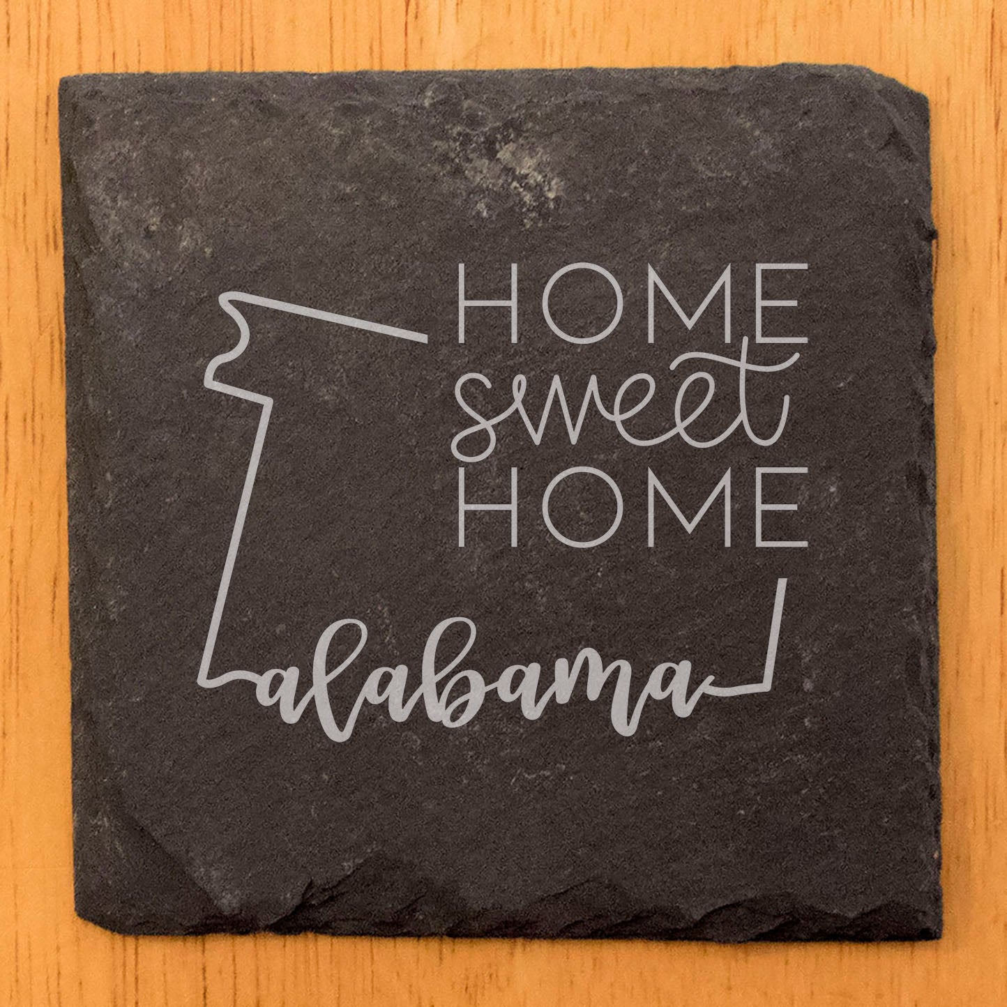 Rustic Slate Coasters Set of 4, Round 4" with Alabama 'Home Sweet Home' Design, Perfect Gift for Holidays, Birthdays, Housewarming, She-Shed, Man Cave, Made in Oregon, USA, Natural Chipped Edge