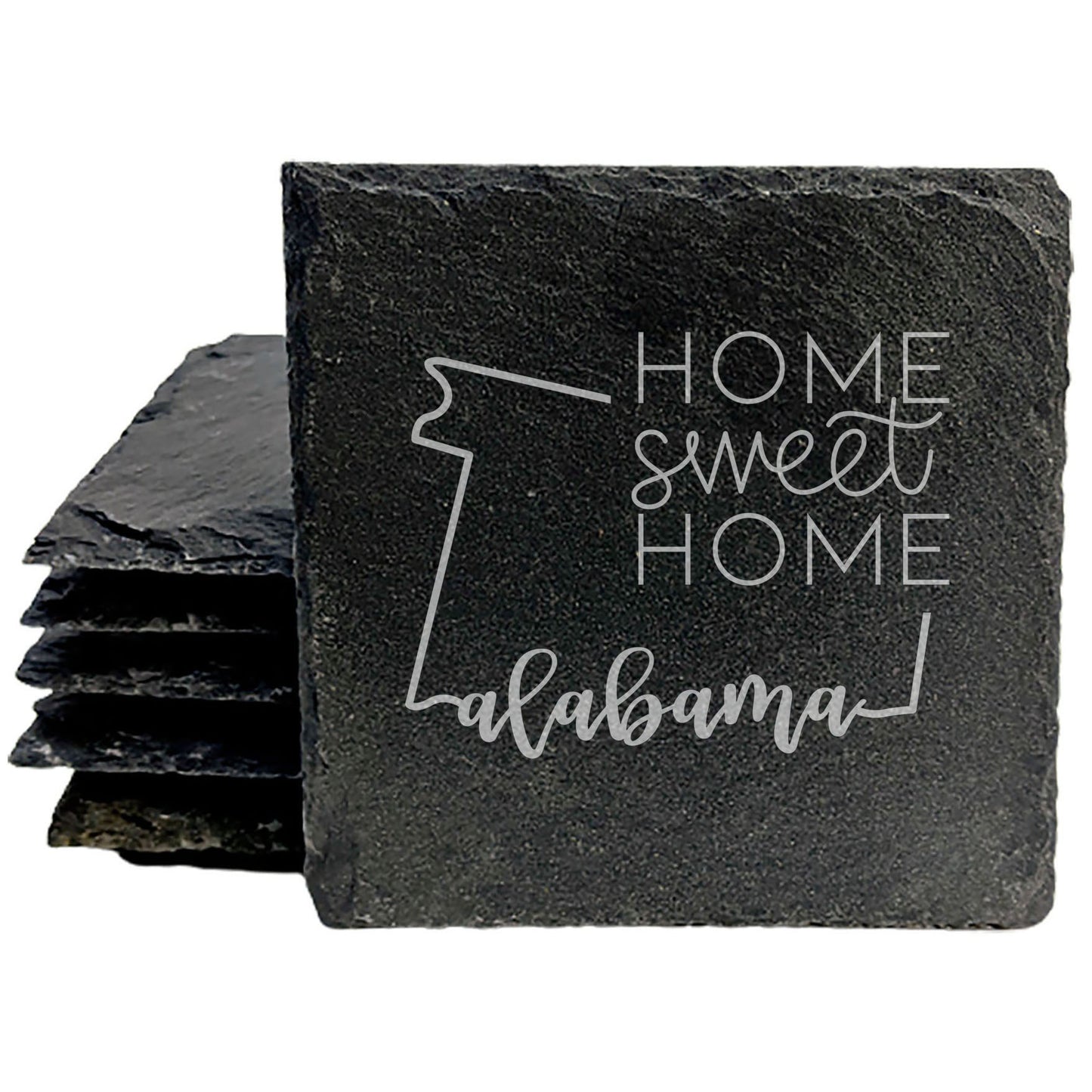 Rustic Slate Coasters Set of 4, Round 4" with Alabama 'Home Sweet Home' Design, Perfect Gift for Holidays, Birthdays, Housewarming, She-Shed, Man Cave, Made in Oregon, USA, Natural Chipped Edge