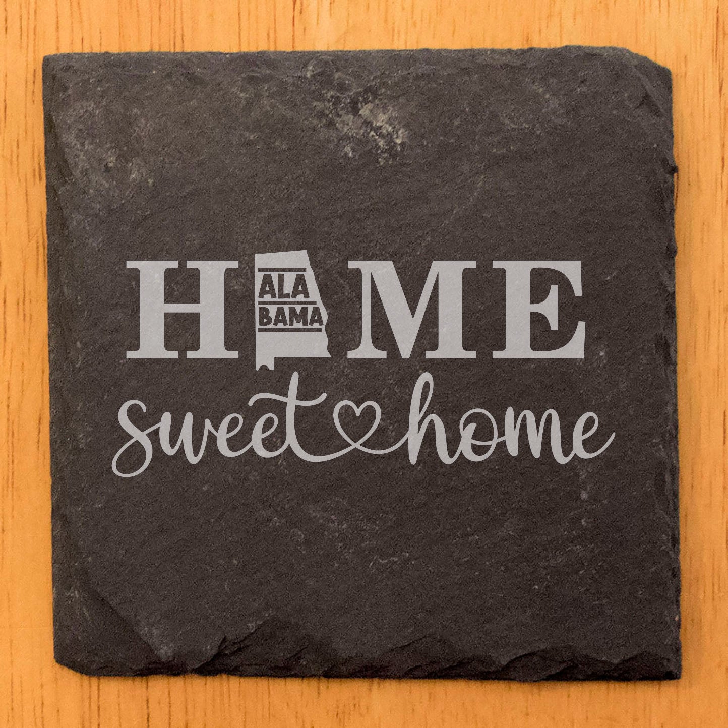 Rustic Slate Coasters Set of 4, Round 4" with 'HOME SWEET HOME' Alabama Design, Perfect Gift for Holidays, Birthdays, Housewarming, She-Shed, Man Cave, Made in Oregon, USA, Natural Chipped Edge