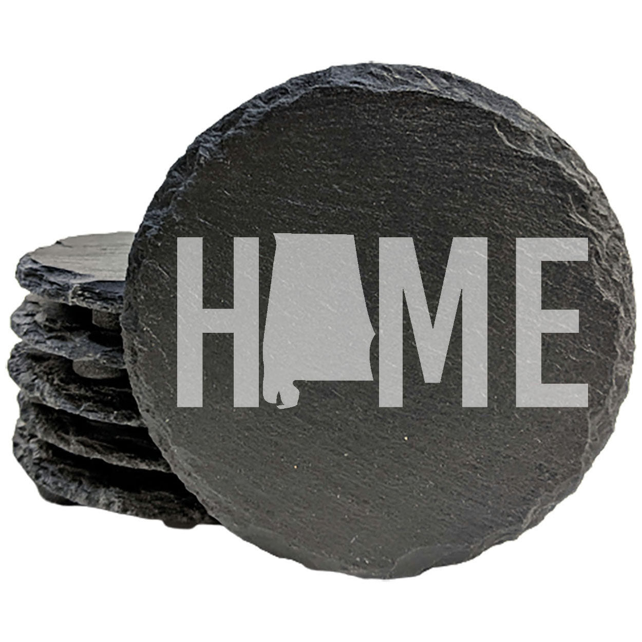 Rustic Slate Coasters Set of 4 - Laser Etched 'HOME' Design with Alabama State - Perfect Gift for Holidays, Birthdays, Housewarming - 4" Round, Natural Chipped Edge, Made in Oregon, USA