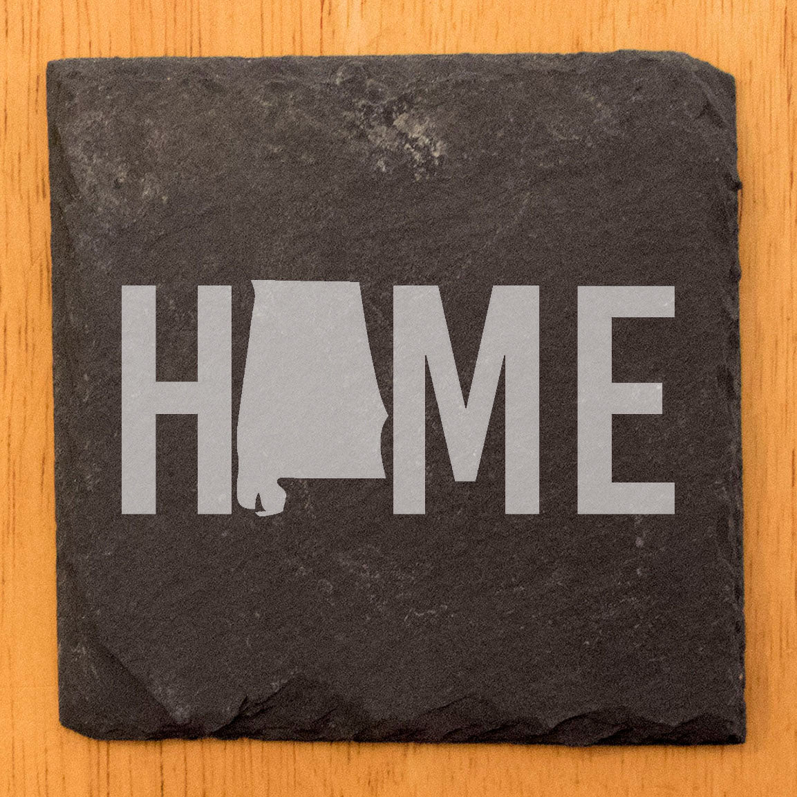 Rustic Slate Coasters Set of 4 - Laser Etched 'HOME' Design with Alabama State - Perfect Gift for Holidays, Birthdays, Housewarming - 4" Round, Natural Chipped Edge, Made in Oregon, USA