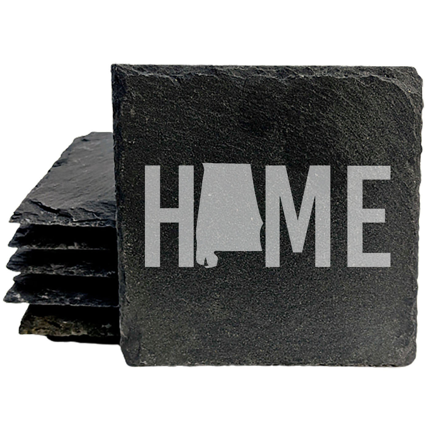 Rustic Slate Coasters Set of 4 - Laser Etched 'HOME' Design with Alabama State - Perfect Gift for Holidays, Birthdays, Housewarming - 4" Round, Natural Chipped Edge, Made in Oregon, USA