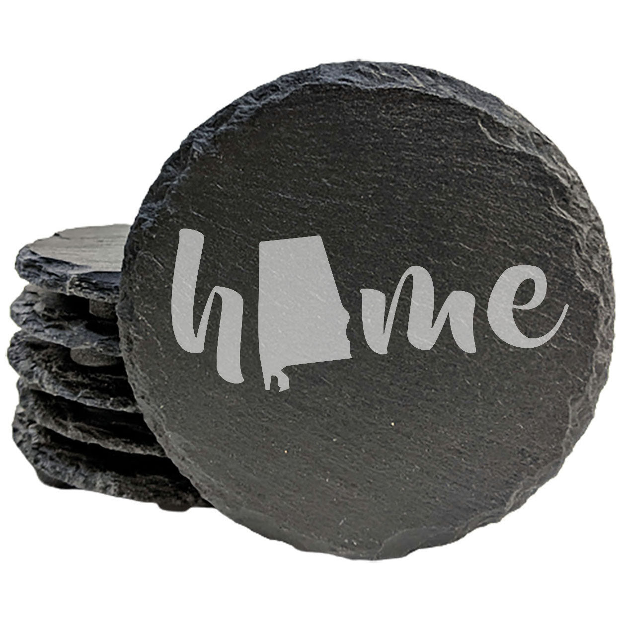 Rustic Slate Coasters Set of 4 - Laser Etched 'Home' Design with Alabama State - Perfect Gift for Holidays, Birthdays, Housewarming - 4" Round/Square - Made in Oregon, USA - Natural Chipped Edge
