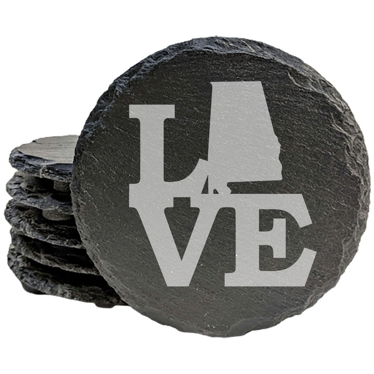 Rustic Slate Coasters Set of 4, Laser Etched 'LOVE' Design with Alabama State, 4" Round, Natural Chipped Edge, Rubber Feet, , Perfect for Holidays, Birthdays, Housewarming, USA Made