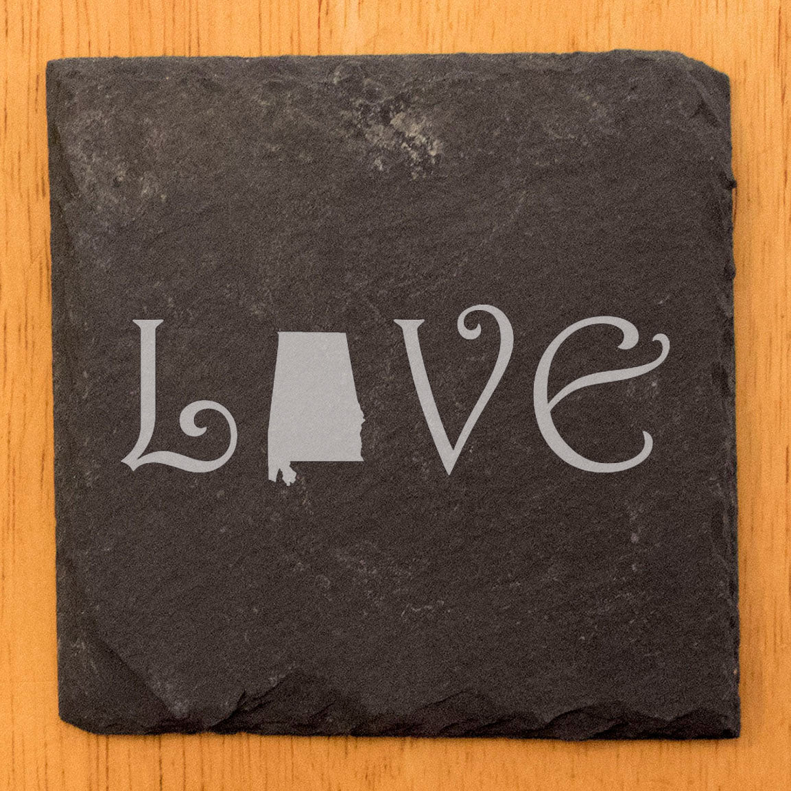 Rustic Slate Coasters Set of 4 - Laser Etched 'LOVE' Design with Alabama State - Perfect Gift for Holidays, Birthdays, Housewarming - 4" Square, Natural Chipped Edge, Made in Oregon, USA
