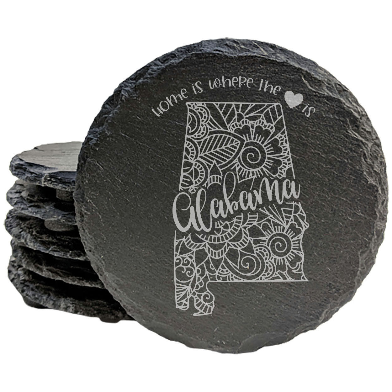 Rustic Slate Coasters Set of 4, Round 4" with Alabama Mandala Design, 'Home is Where the Heart Is' Quote, Perfect Gift for Holidays, Birthdays, Housewarming, Made in Oregon, USA, Small Business