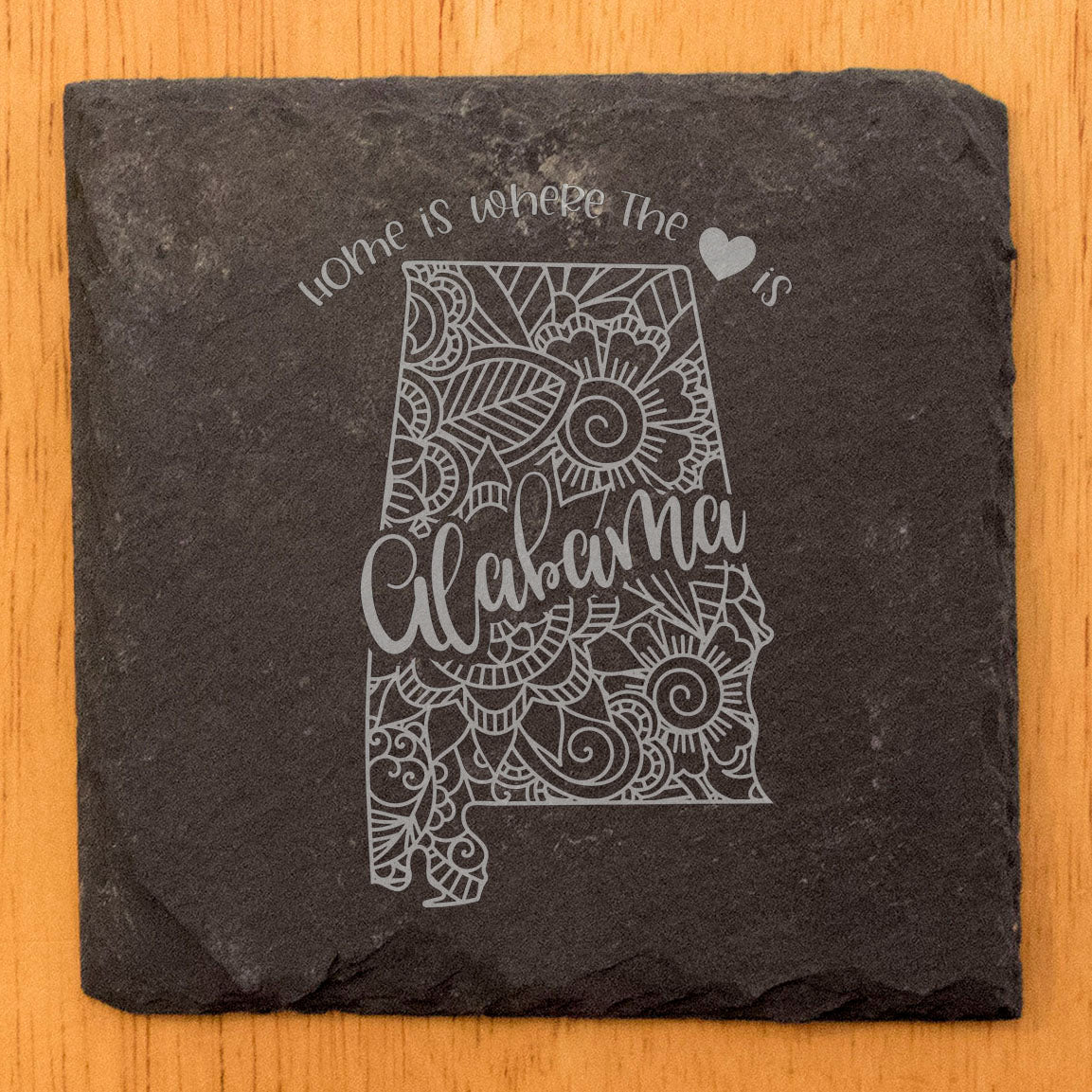 Rustic Slate Coasters Set of 4, Round 4" with Alabama Mandala Design, 'Home is Where the Heart Is' Quote, Perfect Gift for Holidays, Birthdays, Housewarming, Made in Oregon, USA, Small Business