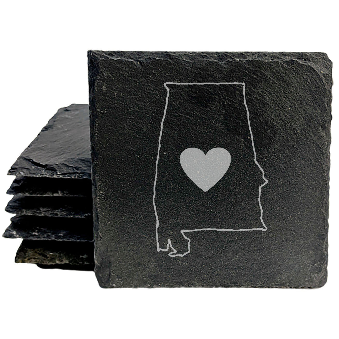 Rustic Slate Coasters Set of 4, Round 4" with Alabama Heart Design, Perfect Gift for Holidays, Birthdays, Housewarming, She-Shed, Man Cave, Made in Oregon, USA, Natural Chipped Edge, Rubber Feet