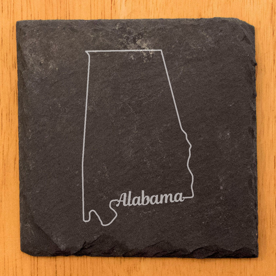 Rustic Slate Coasters Set of 4 - Alabama State Design, 4" Round, Laser Etched, Natural Chipped Edge, Rubber Feet, - Perfect for Holidays, Birthdays, Housewarming - Made in USA
