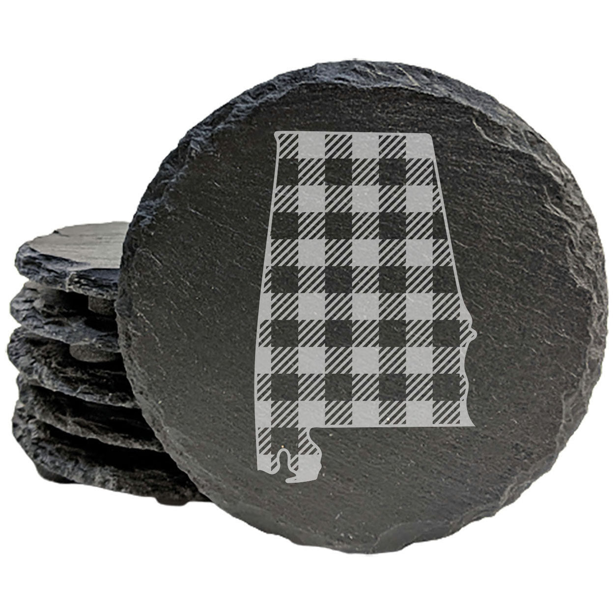 Rustic Slate Coasters Set of 4 - Alabama Plaid Design, 4" Round, Natural Chipped Edge, Rubber Feet, - Perfect for Holidays, Birthdays, Housewarming - Made in Oregon, USA