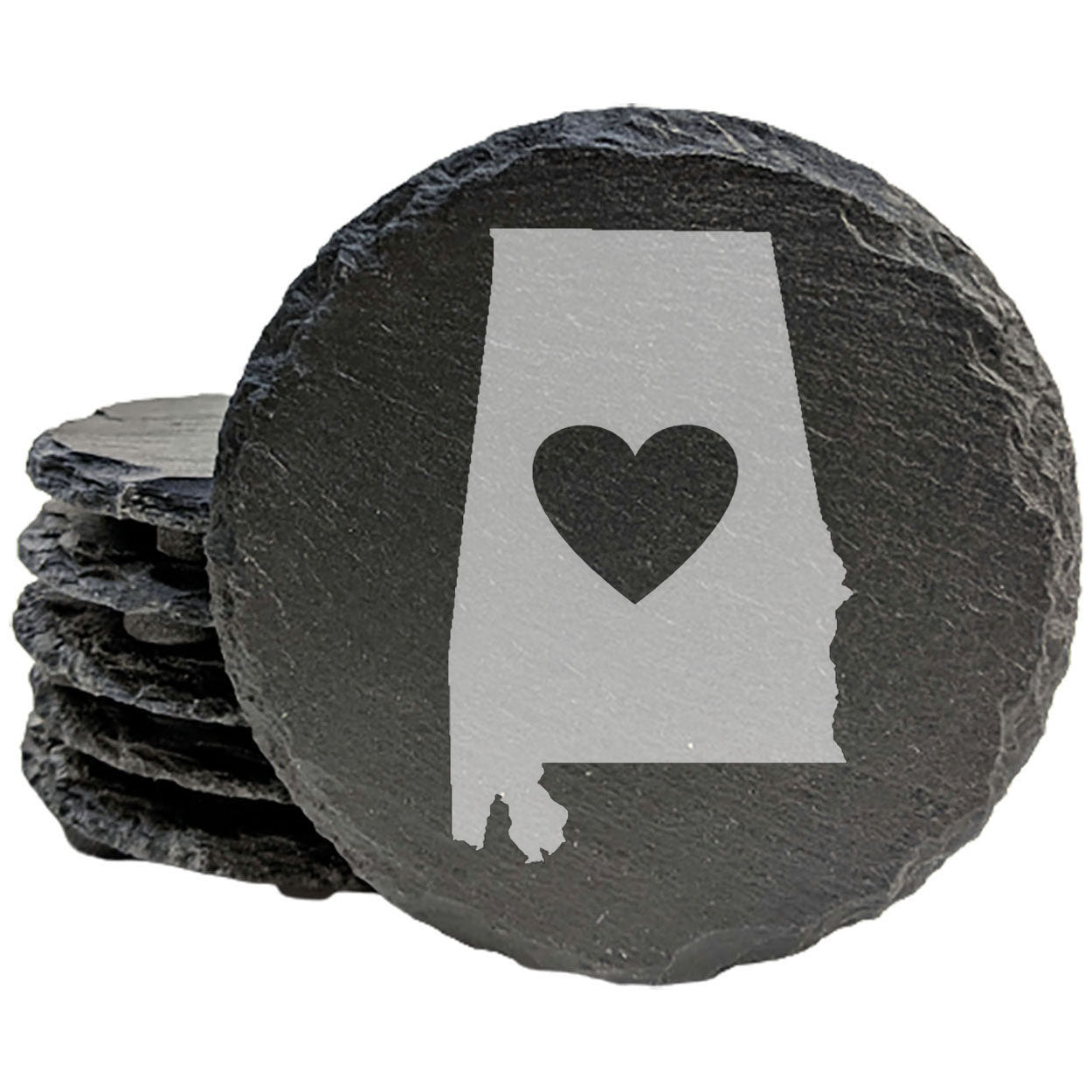 Rustic Slate Coasters Set of 4, Round 4" with Alabama Heart Design, Laser Etched, Perfect Gift for Holidays, Birthdays, Housewarming, She-Shed, Man Cave, Made in Oregon, USA, Natural Chipped Edge
