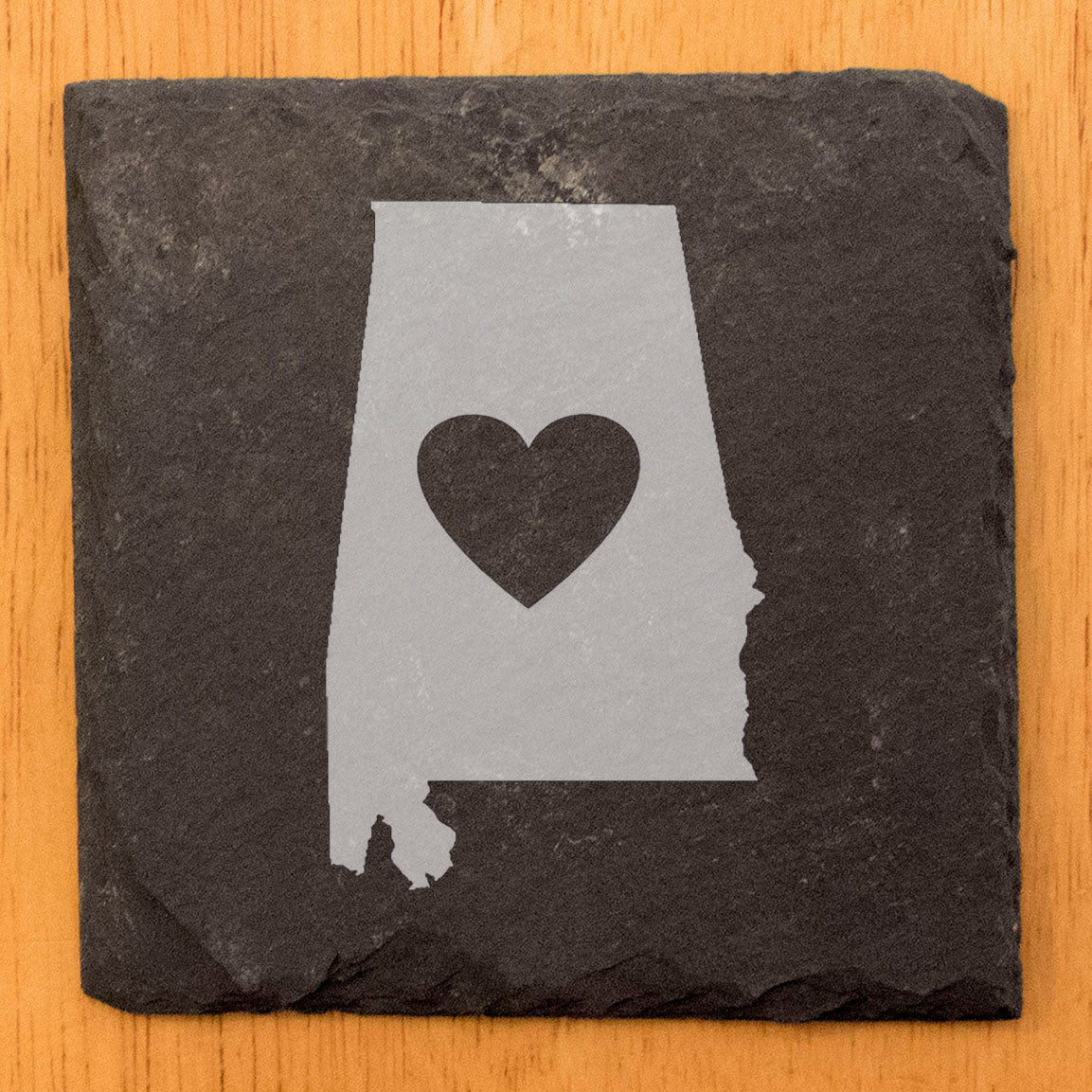 Rustic Slate Coasters Set of 4, Round 4" with Alabama Heart Design, Laser Etched, Perfect Gift for Holidays, Birthdays, Housewarming, She-Shed, Man Cave, Made in Oregon, USA, Natural Chipped Edge