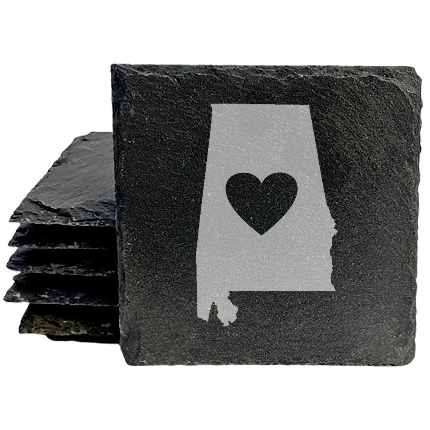 Rustic Slate Coasters Set of 4, Round 4" with Alabama Heart Design, Laser Etched, Perfect Gift for Holidays, Birthdays, Housewarming, She-Shed, Man Cave, Made in Oregon, USA, Natural Chipped Edge