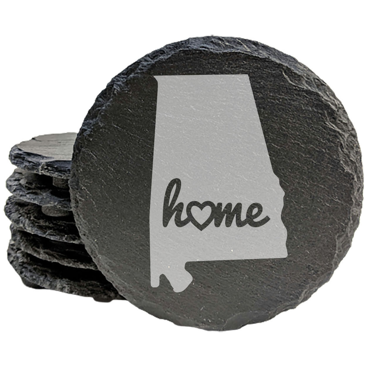 Rustic Slate Coasters Set of 4, Round 4" with Alabama 'Home' Heart Design, Perfect for Holidays, Birthdays, Housewarming Gifts, She-Shed or Man Cave, Made in Oregon, USA, Natural Chipped Edge