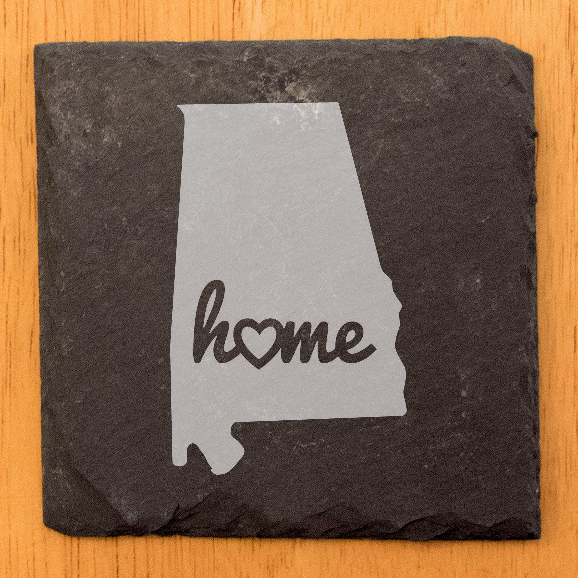 Rustic Slate Coasters Set of 4, Round 4" with Alabama 'Home' Heart Design, Perfect for Holidays, Birthdays, Housewarming Gifts, She-Shed or Man Cave, Made in Oregon, USA, Natural Chipped Edge