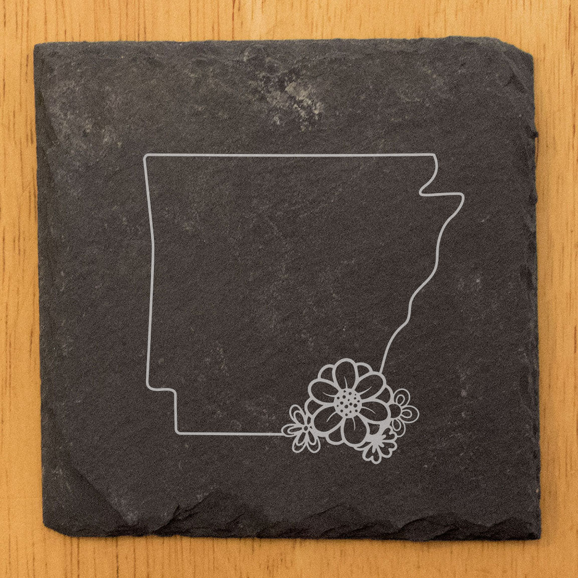 Rustic Slate Coasters Set of 4 - Arkansas Design with Flower, 4" Round/Square, Natural Chipped Edge, Rubber Feet, - Perfect for Holidays, Birthdays, Housewarming - Made in USA