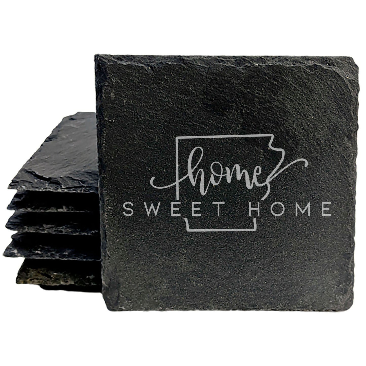 Rustic Slate Coasters Set of 4, Round 4" with 'Home Sweet Home' Arkansas Design, Perfect Gift for Holidays, Birthdays, Housewarming, She-Shed, Man Cave, Made in Oregon, USA, Natural Chipped Edge