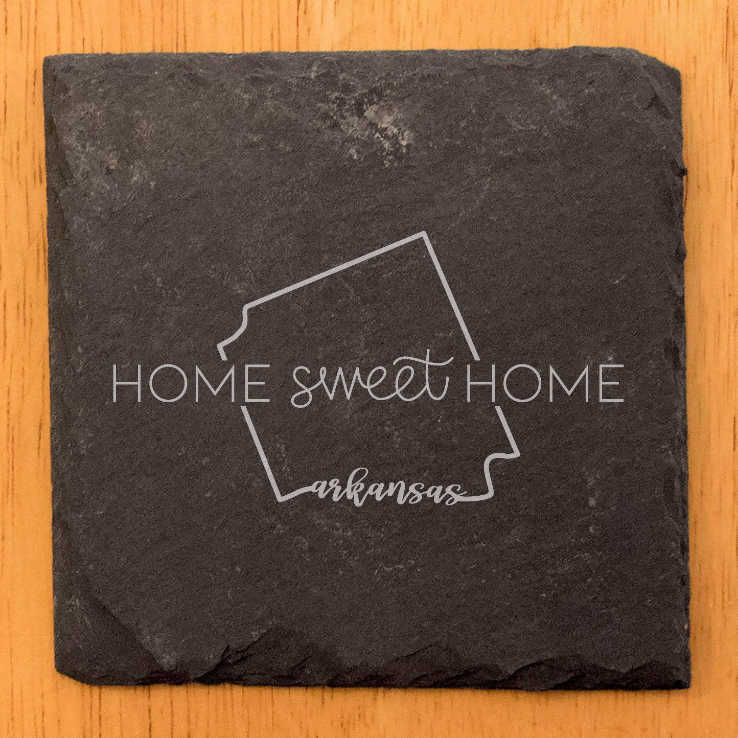 Rustic Slate Coasters Set of 4 - Round 4" with 'Home Sweet Home' Arkansas Design - Perfect Gift for Holidays, Birthdays, Housewarming - Made in Oregon, USA - Natural Chipped Edge, Rubber Feet