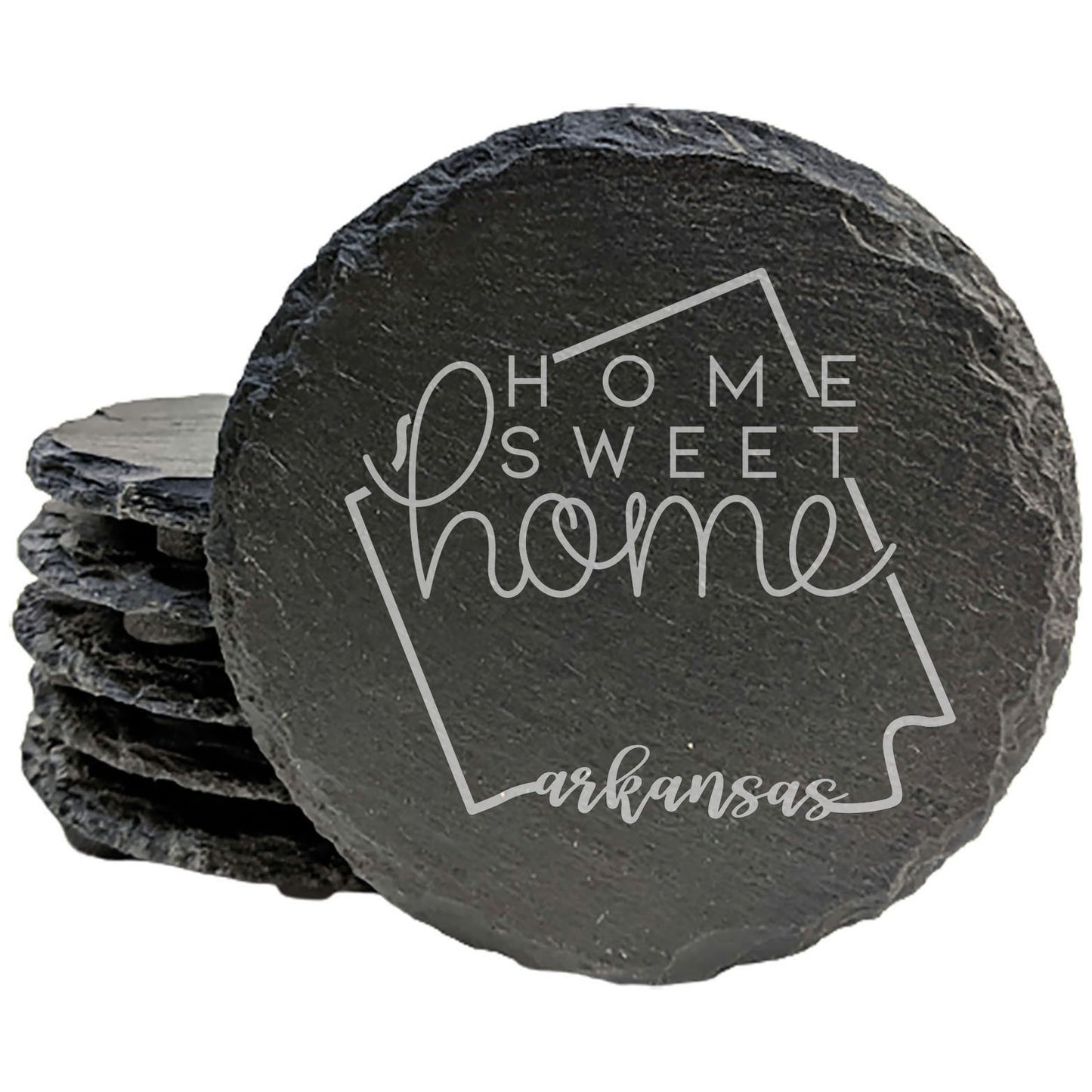 Rustic Slate Coasters Set of 4, Round 4" with Arkansas 'Home Sweet Home' Design, Perfect Gift for Holidays, Birthdays, Housewarming, She-Shed, Man Cave, Made in Oregon, USA, Natural Chipped Edge